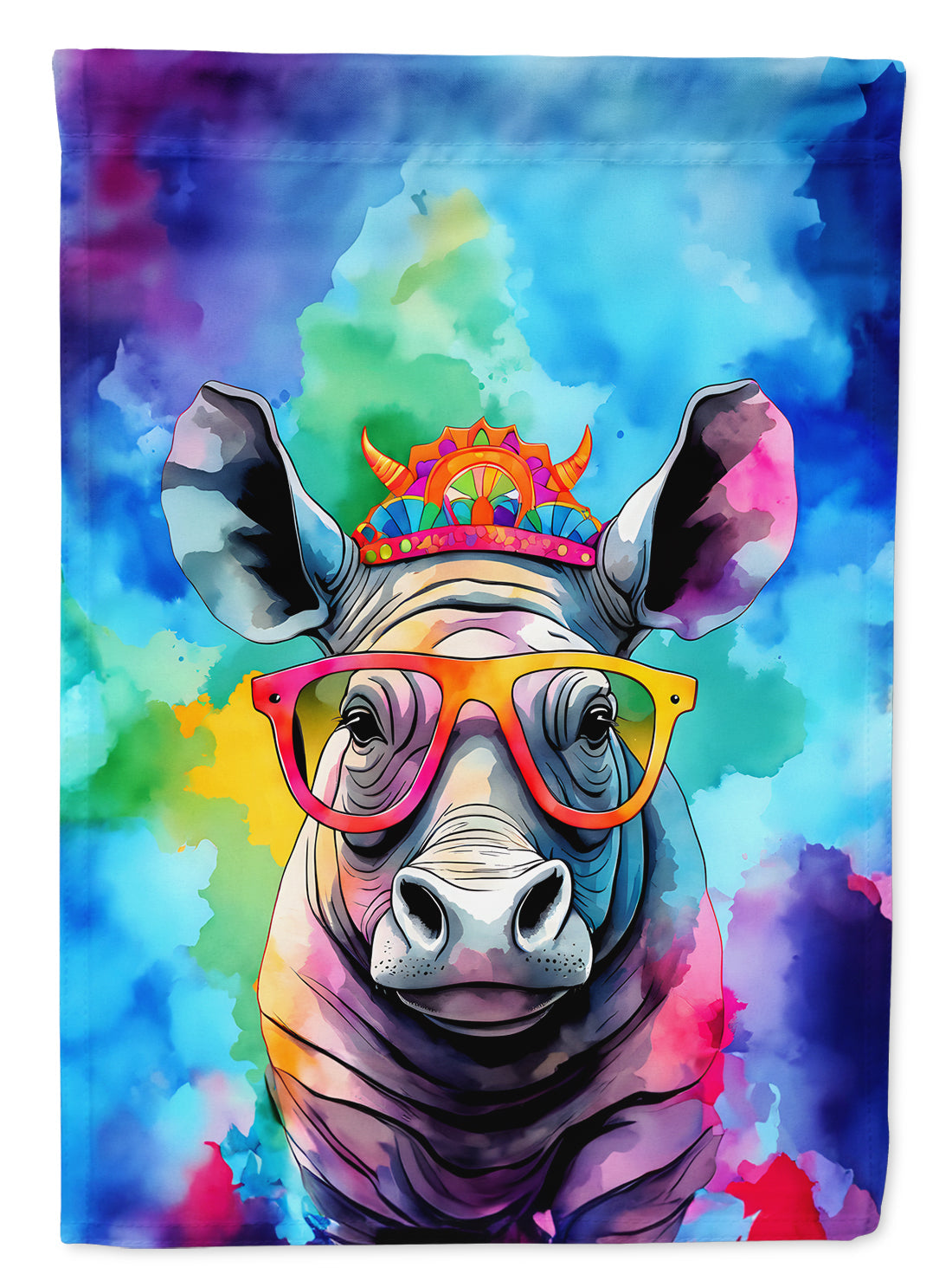 Hippie Animal Rhinoceros House Flag 28x40 Porch Sleeve Pole Decorative Outside Yard Banner Artwork Wall Hanging, Polyester