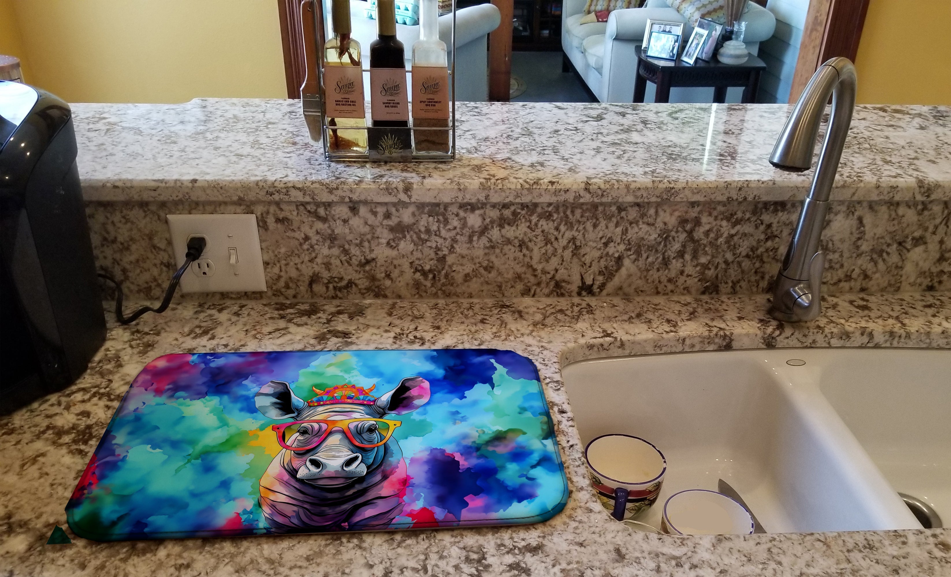 Hippie Animal Rhinoceros Dish Drying Mat Absorbent Dish Drying Mat Pad for Kitchen Counter Dish Drainer Mat for Countertop, 14 x 21", Multicolor