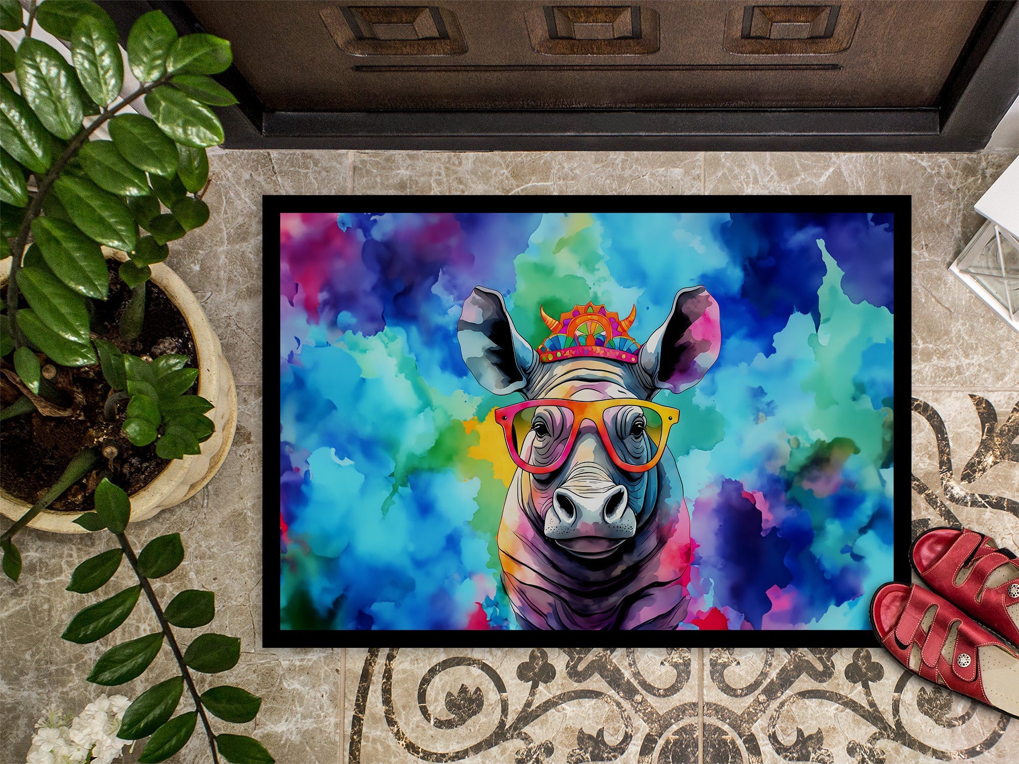 Hippie Animal Rhinoceros Doormat Indoor Outdoor 24H X 36W Front Door Mat Rugs for Entryway, Non Slip Washable Low Pile,