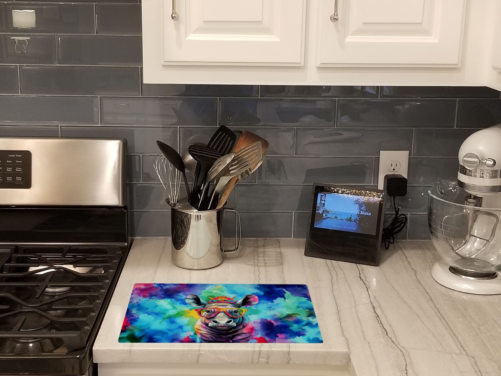 Hippie Animal Rhinoceros Cutting Board Tempered Glass Kitchen Cutting Surface, Heat Resistant Chopping, Non-Slip Feet, Food Prep & Serving
