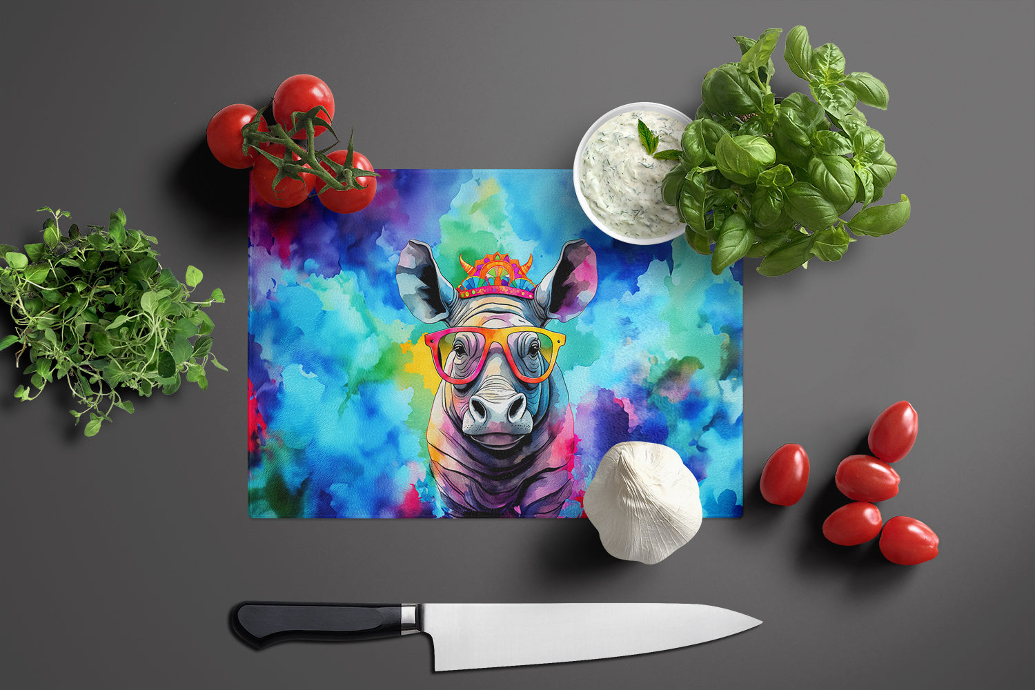 Hippie Animal Rhinoceros Cutting Board Tempered Glass Kitchen Cutting Surface, Heat Resistant Chopping, Non-Slip Feet, Food Prep & Serving