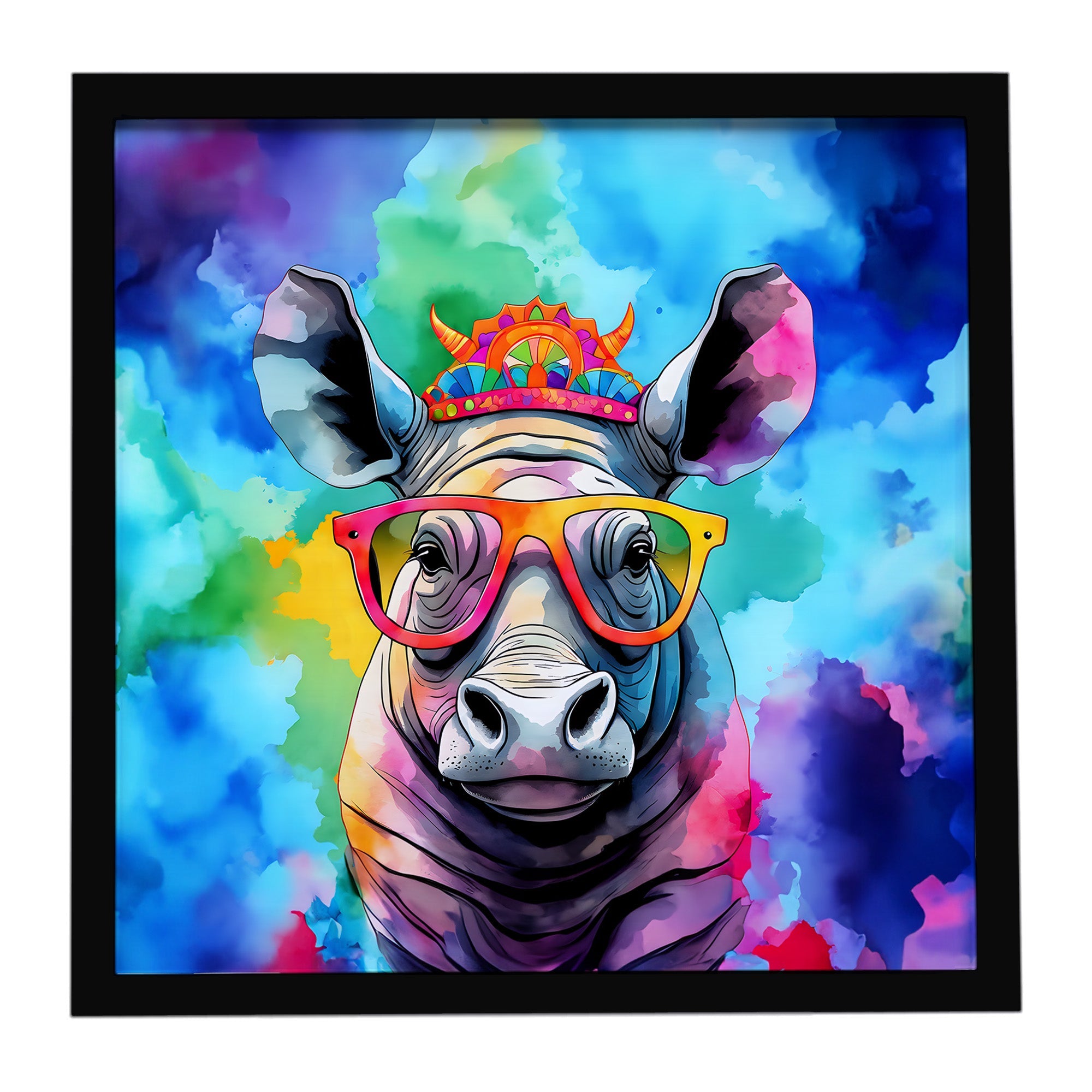 Hippie Animal Rhinoceros Framed Metal Print Bathroom, Kitchen, Office, Home Decor Wall Art Ready to Hang, Square, 8X8