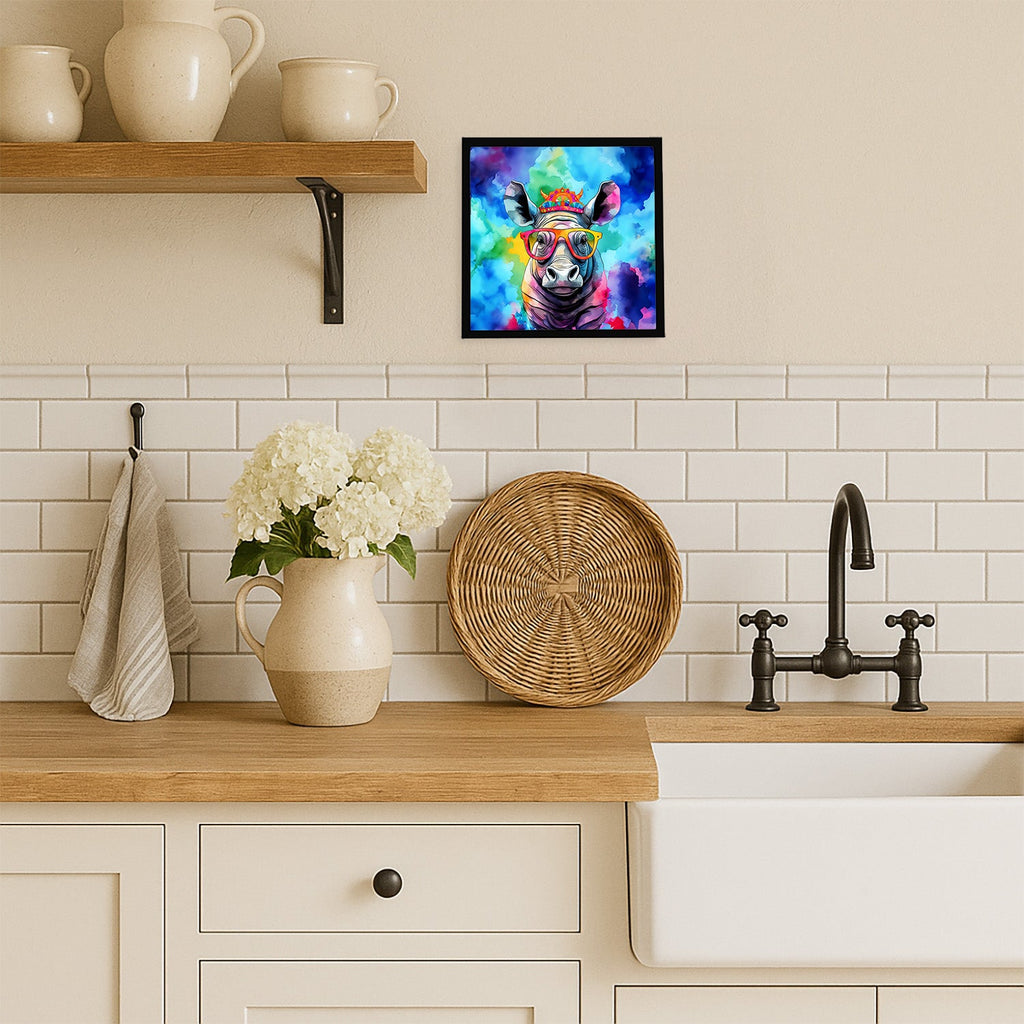 Hippie Animal Rhinoceros Framed Metal Print Bathroom, Kitchen, Office, Home Decor Wall Art Ready to Hang, Square, 8X8