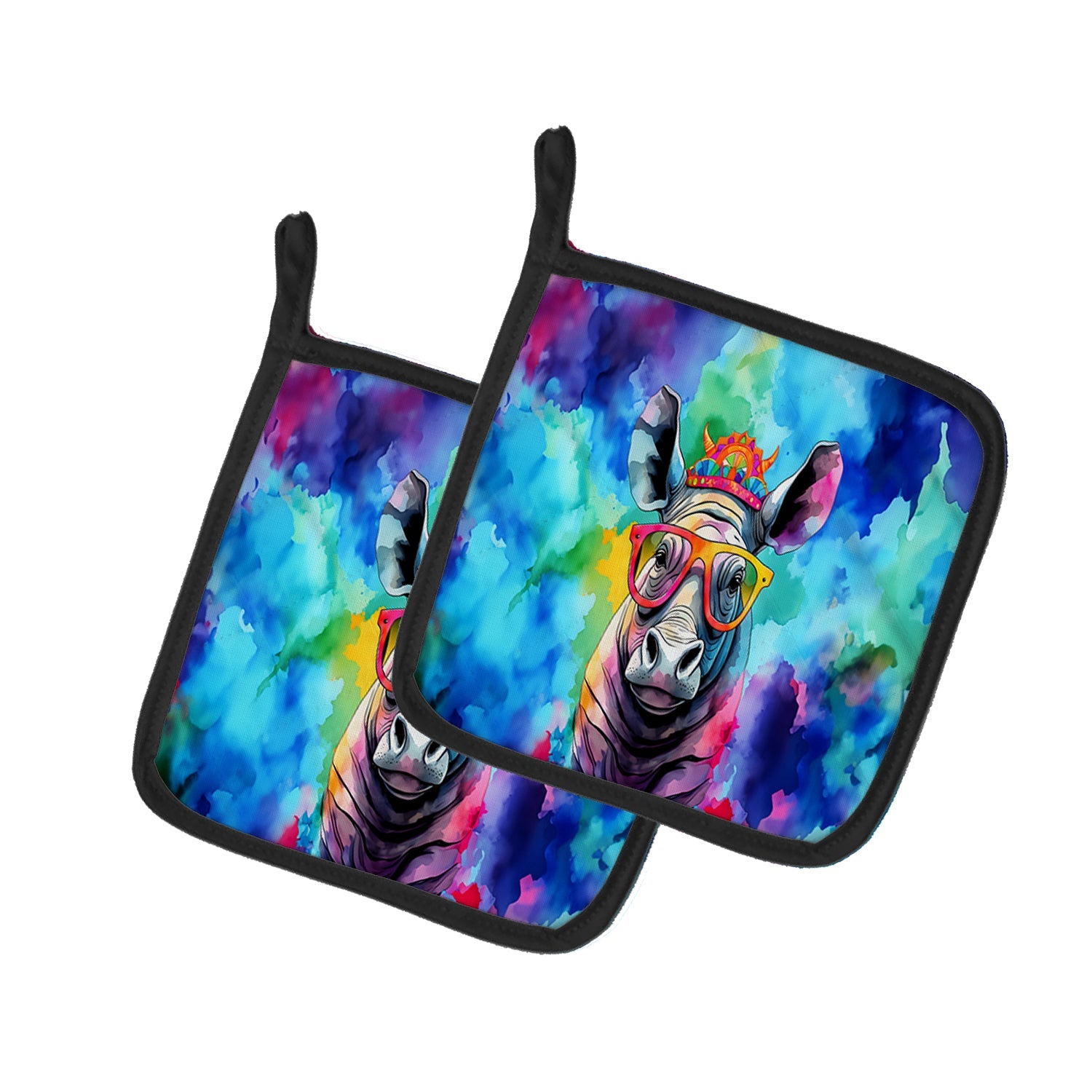 Hippie Animal Rhinoceros Pot Holder Set of 2 Heat Resistant Quilted Hot Pads 7.5 x 7.5 Inch, Insulated Kitchen Trivets for Cooking & Baking