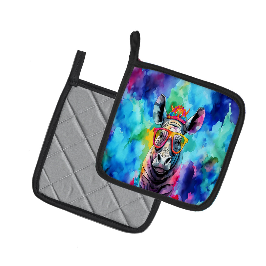 Hippie Animal Rhinoceros Pot Holder Set of 2 Heat Resistant Quilted Hot Pads 7.5 x 7.5 Inch, Insulated Kitchen Trivets for Cooking & Baking