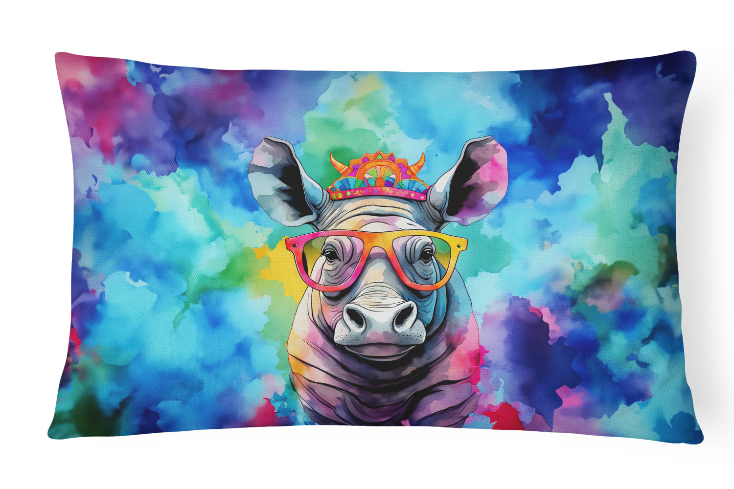 Hippie Animal Rhinoceros Decorative Throw Pillow 12x16 Indoor Outdoor Accent Cushion, Fabric Cover with Insert for Sofa, Bed, Porch & Living Room