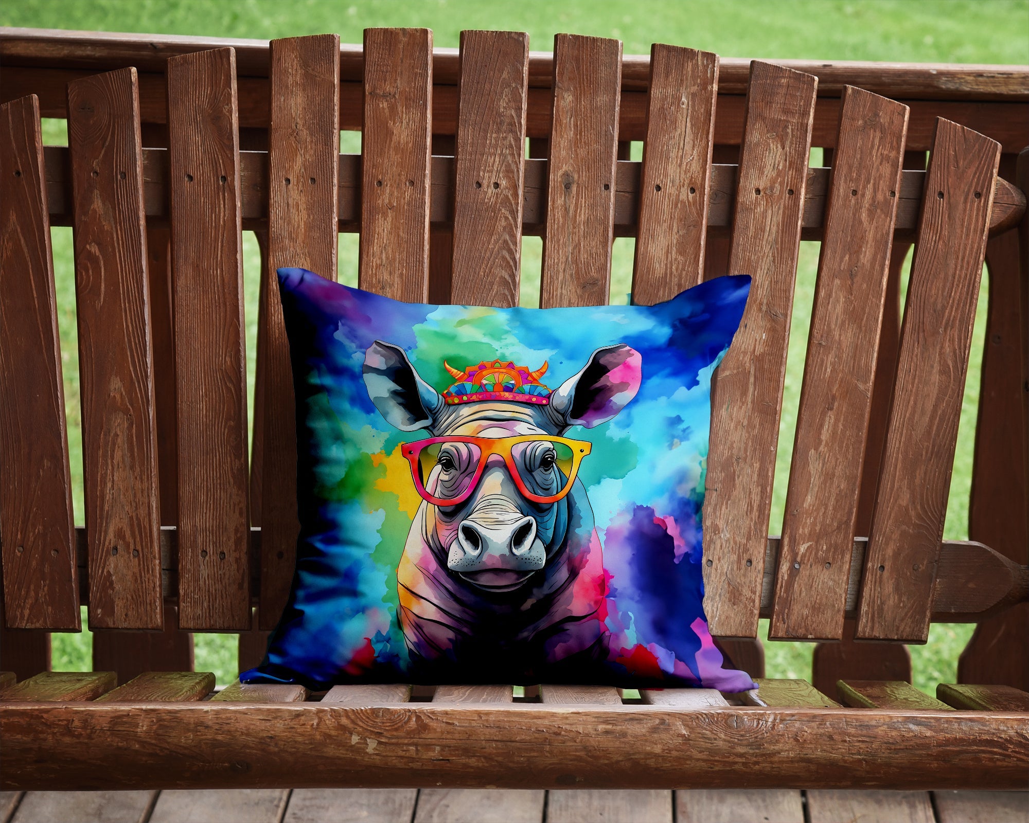 Hippie Animal Rhinoceros Decorative Throw Pillow 14x14 Indoor Outdoor Accent Cushion, Fabric Cover with Insert for Sofa, Bed, Porch & Living Room