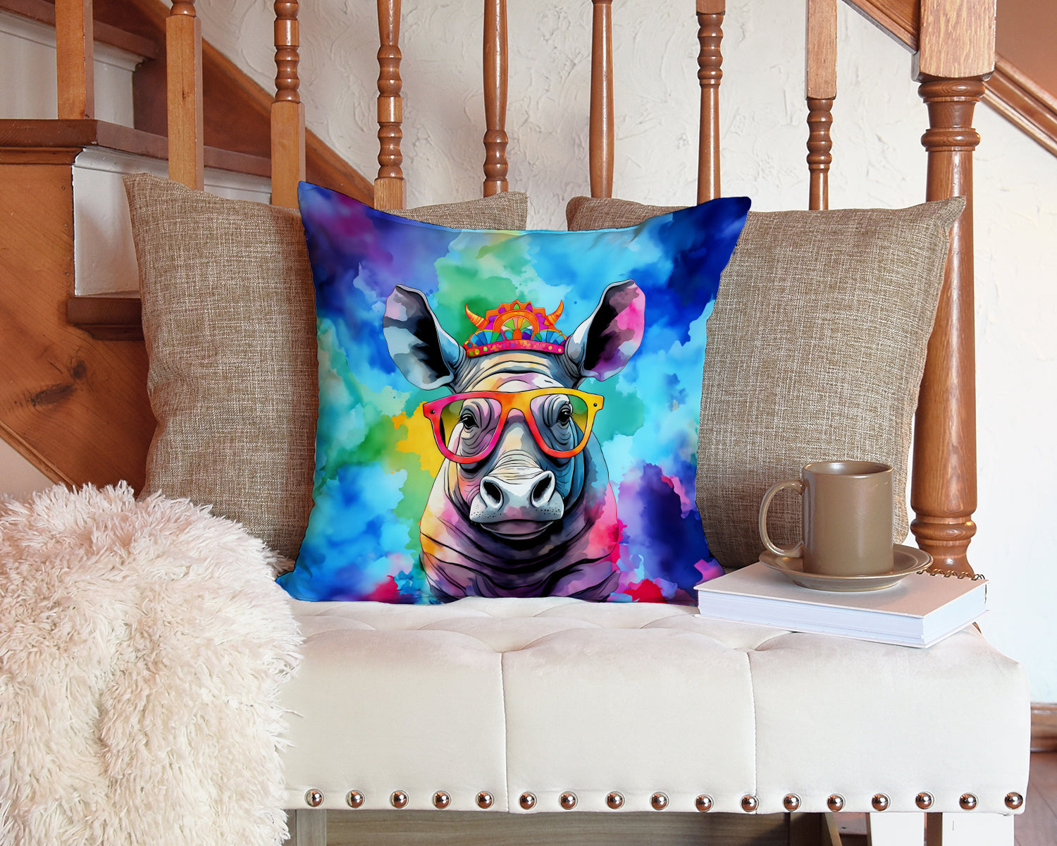 Hippie Animal Rhinoceros Decorative Throw Pillow 14x14 Indoor Outdoor Accent Cushion, Fabric Cover with Insert for Sofa, Bed, Porch & Living Room