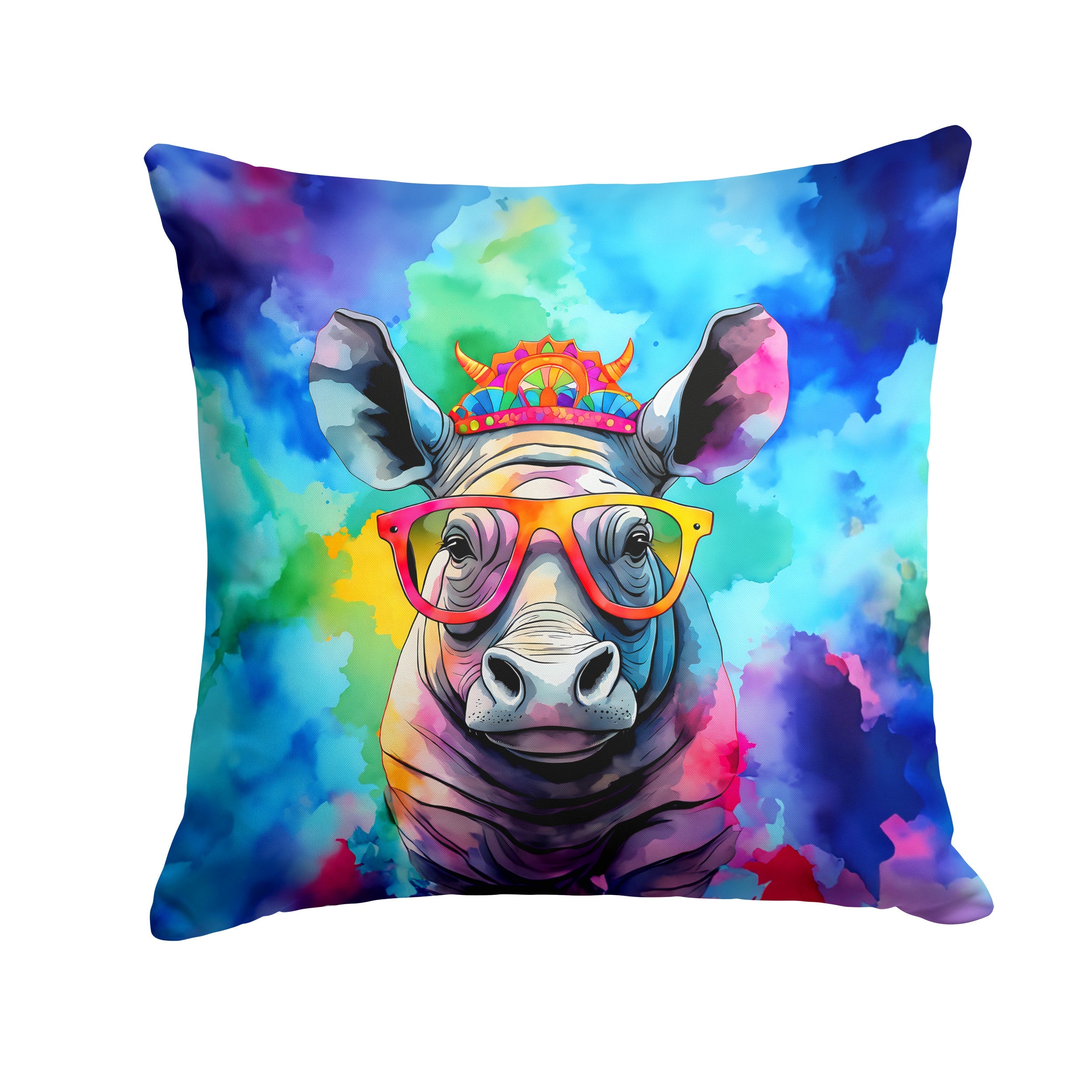 Hippie Animal Rhinoceros Decorative Throw Pillow 18x18 Indoor Outdoor Accent Cushion, Fabric Cover with Insert for Sofa, Bed, Porch & Living Room