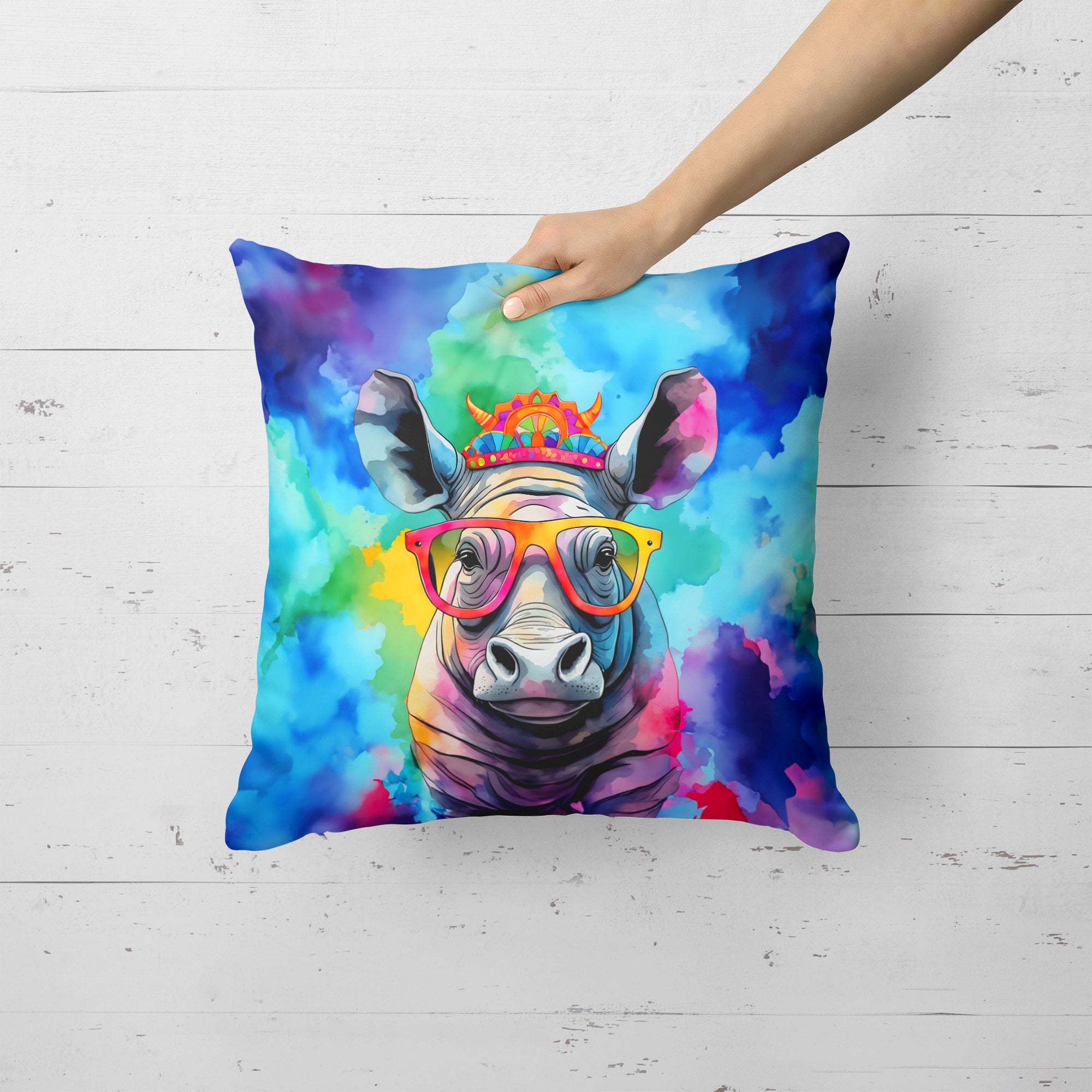 Hippie Animal Rhinoceros Decorative Throw Pillow 18x18 Indoor Outdoor Accent Cushion, Fabric Cover with Insert for Sofa, Bed, Porch & Living Room