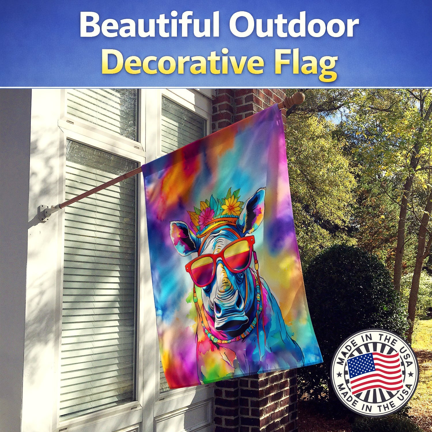 Hippie Animal Rhinoceros House Flag 28x40 Porch Sleeve Pole Decorative Outside Yard Banner Artwork Wall Hanging, Polyester