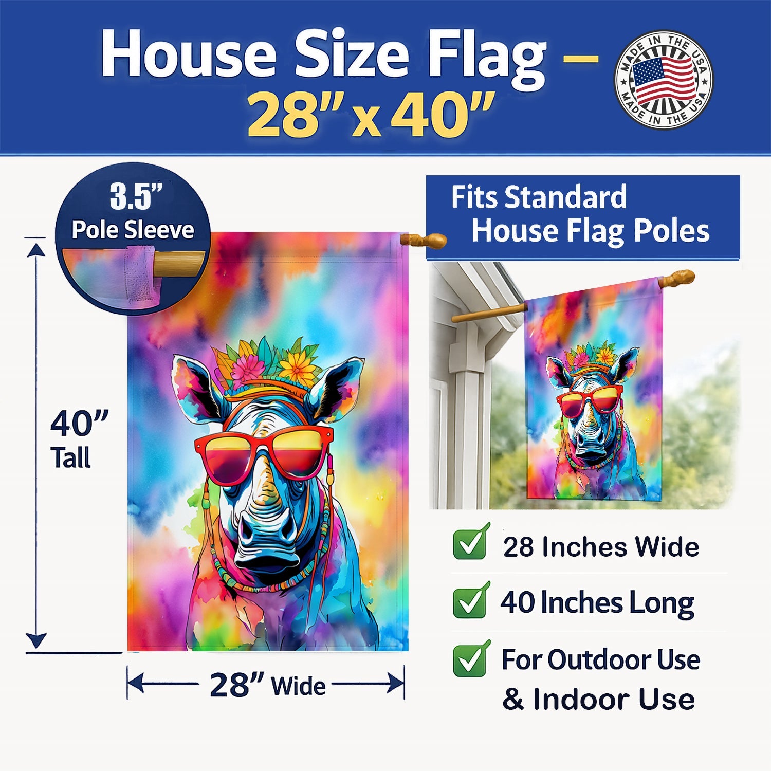 Hippie Animal Rhinoceros House Flag 28x40 Porch Sleeve Pole Decorative Outside Yard Banner Artwork Wall Hanging, Polyester