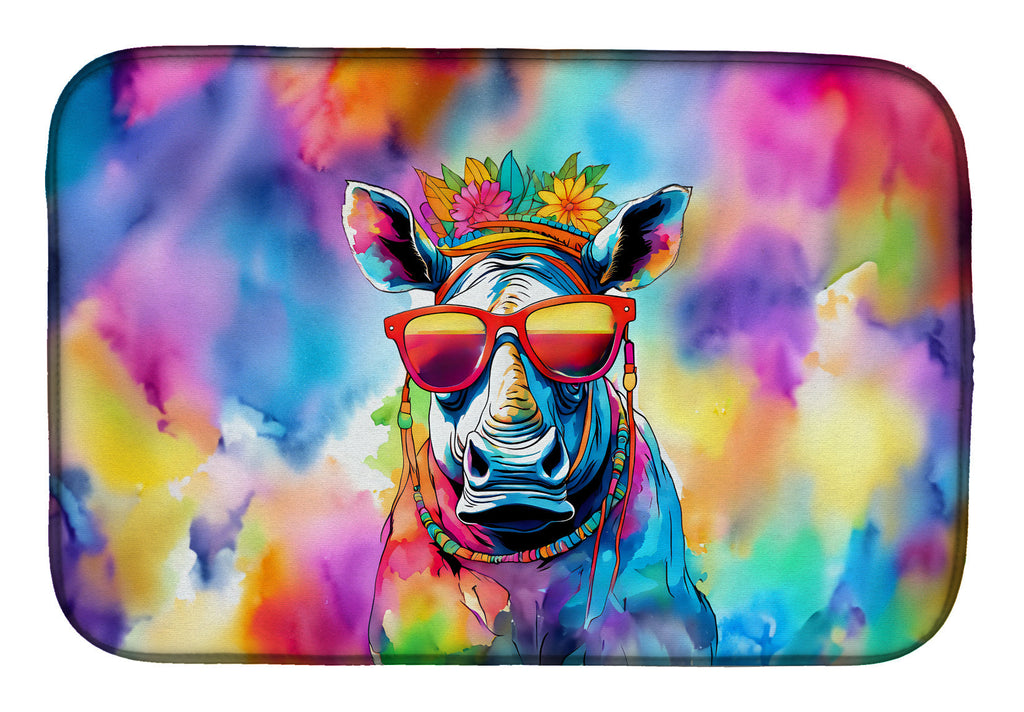 Hippie Animal Rhinoceros Dish Drying Mat Absorbent Dish Drying Mat Pad for Kitchen Counter Dish Drainer Mat for Countertop, 14 x 21", Multicolor