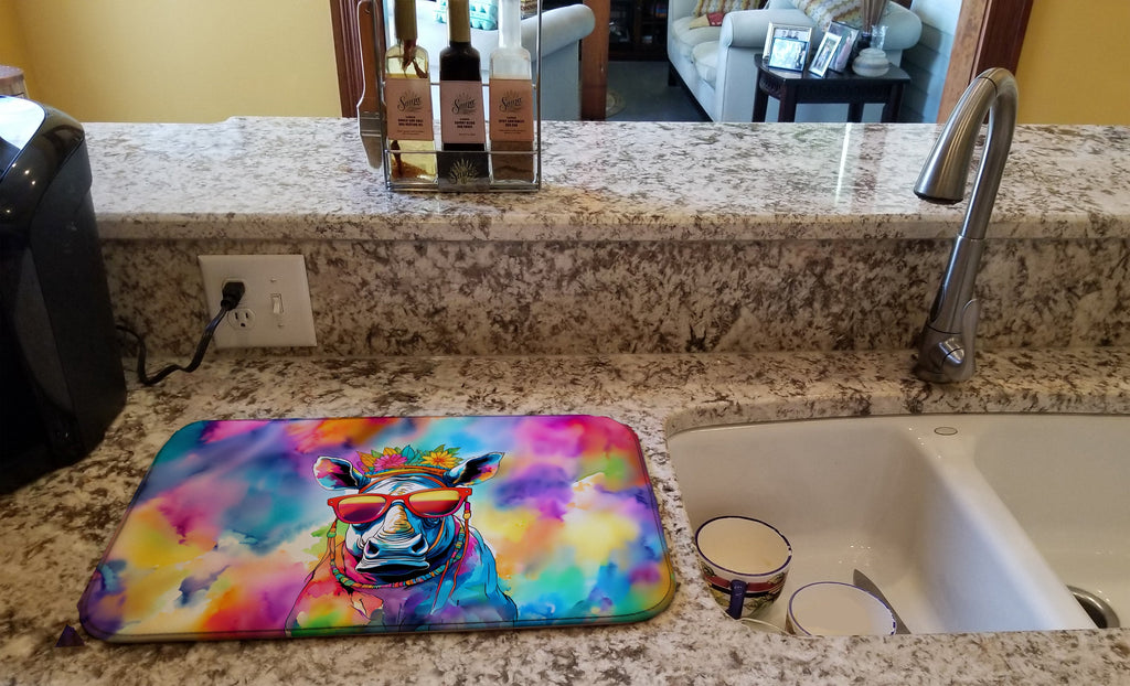 Hippie Animal Rhinoceros Dish Drying Mat Absorbent Dish Drying Mat Pad for Kitchen Counter Dish Drainer Mat for Countertop, 14 x 21", Multicolor