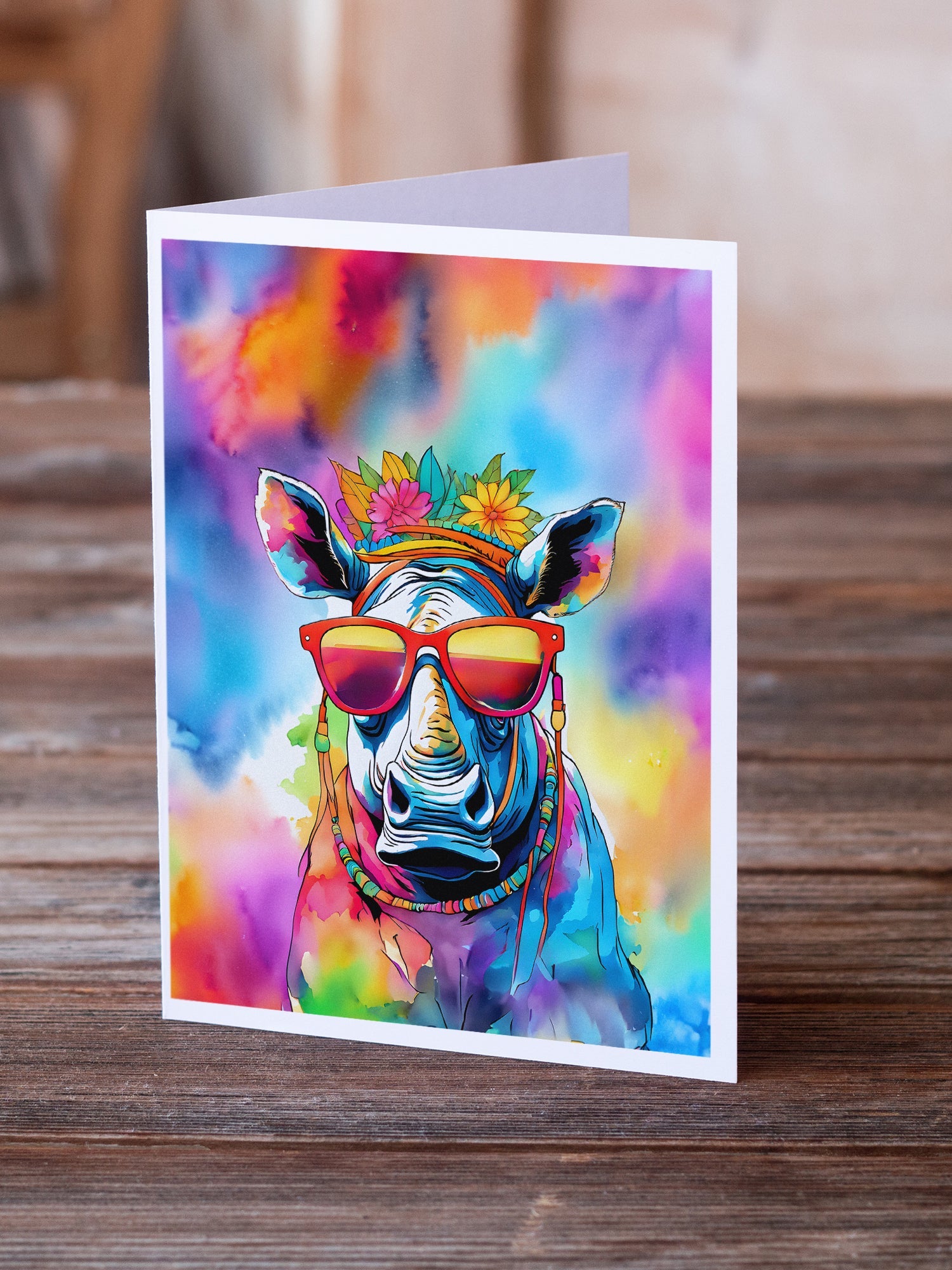 Hippie Animal Rhinoceros Greeting Cards Pack of 8 Blank Cards with Envelopes Whimsical A7 Size 5x7