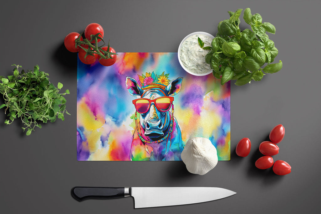 Hippie Animal Rhinoceros Cutting Board Tempered Glass Kitchen Cutting Surface, Heat Resistant Chopping, Non-Slip Feet, Food Prep & Serving