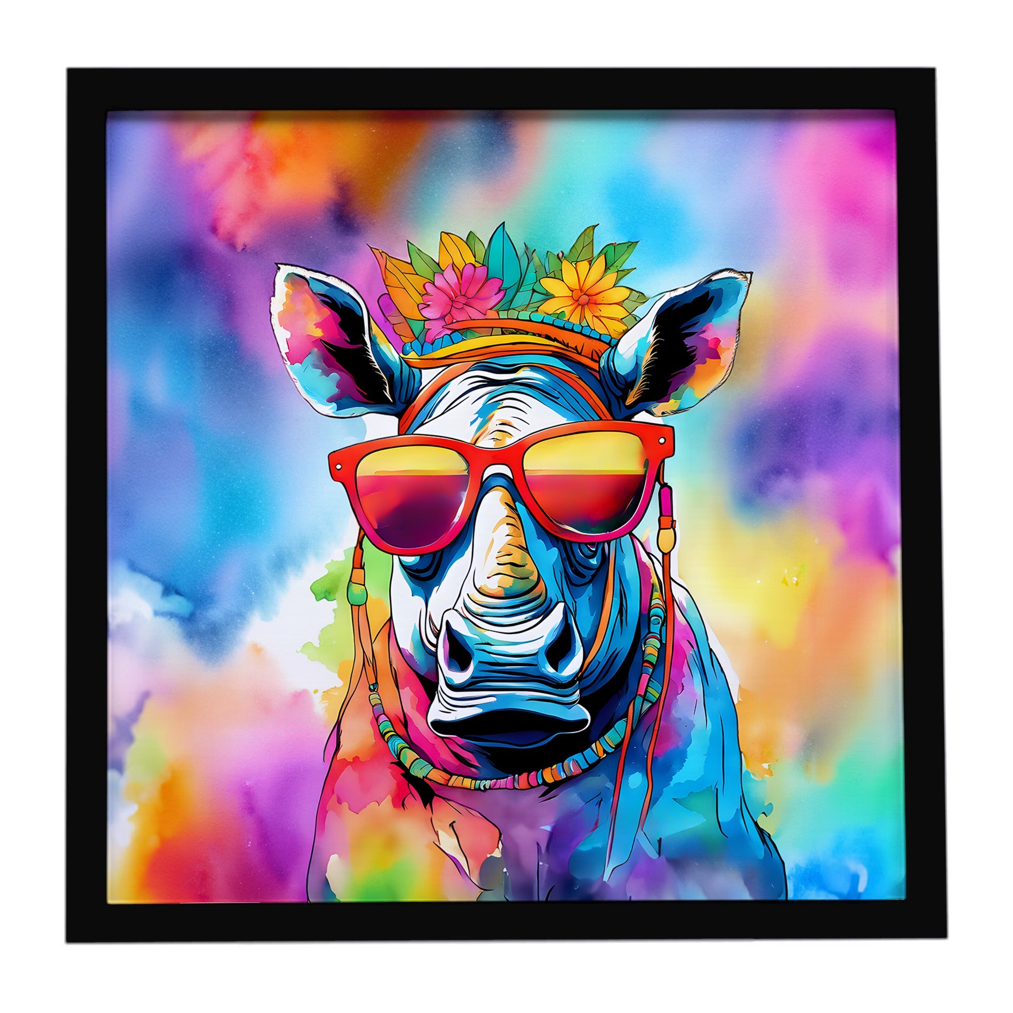 Hippie Animal Rhinoceros Framed Metal Print Bathroom, Kitchen, Office, Home Decor Wall Art Ready to Hang, Square, 8X8