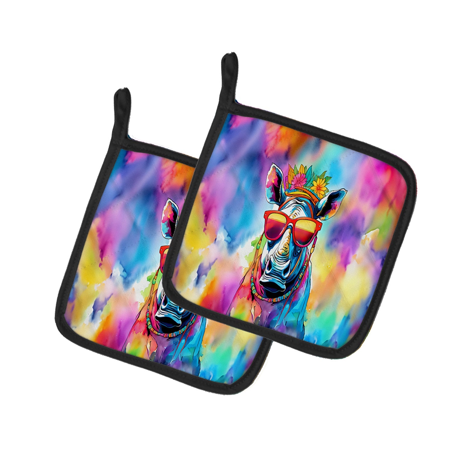 Hippie Animal Rhinoceros Pot Holder Set of 2 Heat Resistant Quilted Hot Pads 7.5 x 7.5 Inch, Insulated Kitchen Trivets for Cooking & Baking