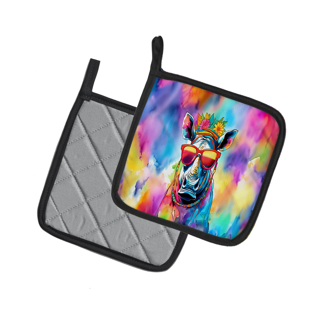 Hippie Animal Rhinoceros Pot Holder Set of 2 Heat Resistant Quilted Hot Pads 7.5 x 7.5 Inch, Insulated Kitchen Trivets for Cooking & Baking