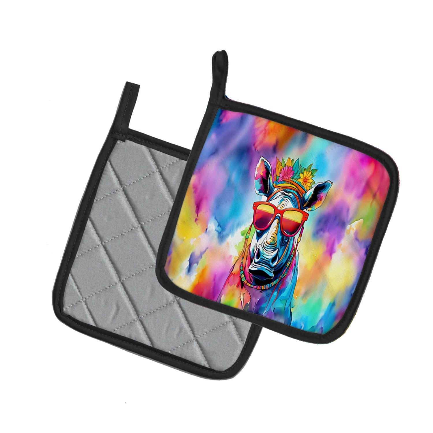 Hippie Animal Rhinoceros Pot Holder Set of 2 Heat Resistant Quilted Hot Pads 7.5 x 7.5 Inch, Insulated Kitchen Trivets for Cooking & Baking