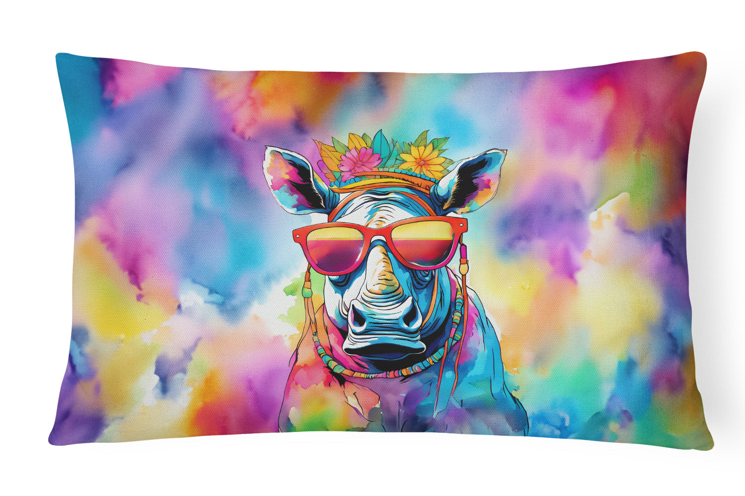 Hippie Animal Rhinoceros Decorative Throw Pillow 12x16 Indoor Outdoor Accent Cushion, Fabric Cover with Insert for Sofa, Bed, Porch & Living Room