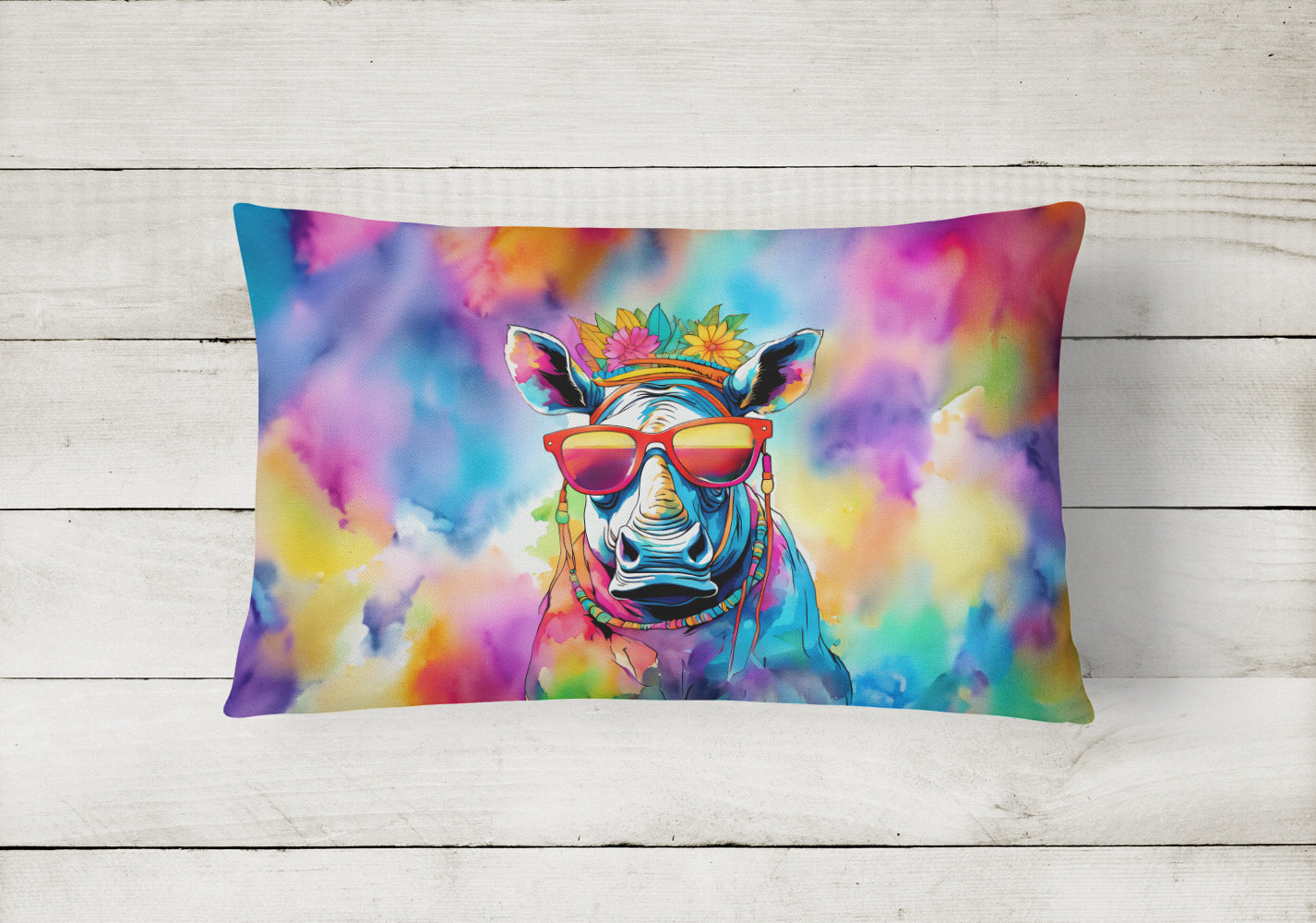 Hippie Animal Rhinoceros Decorative Throw Pillow 12x16 Indoor Outdoor Accent Cushion, Fabric Cover with Insert for Sofa, Bed, Porch & Living Room