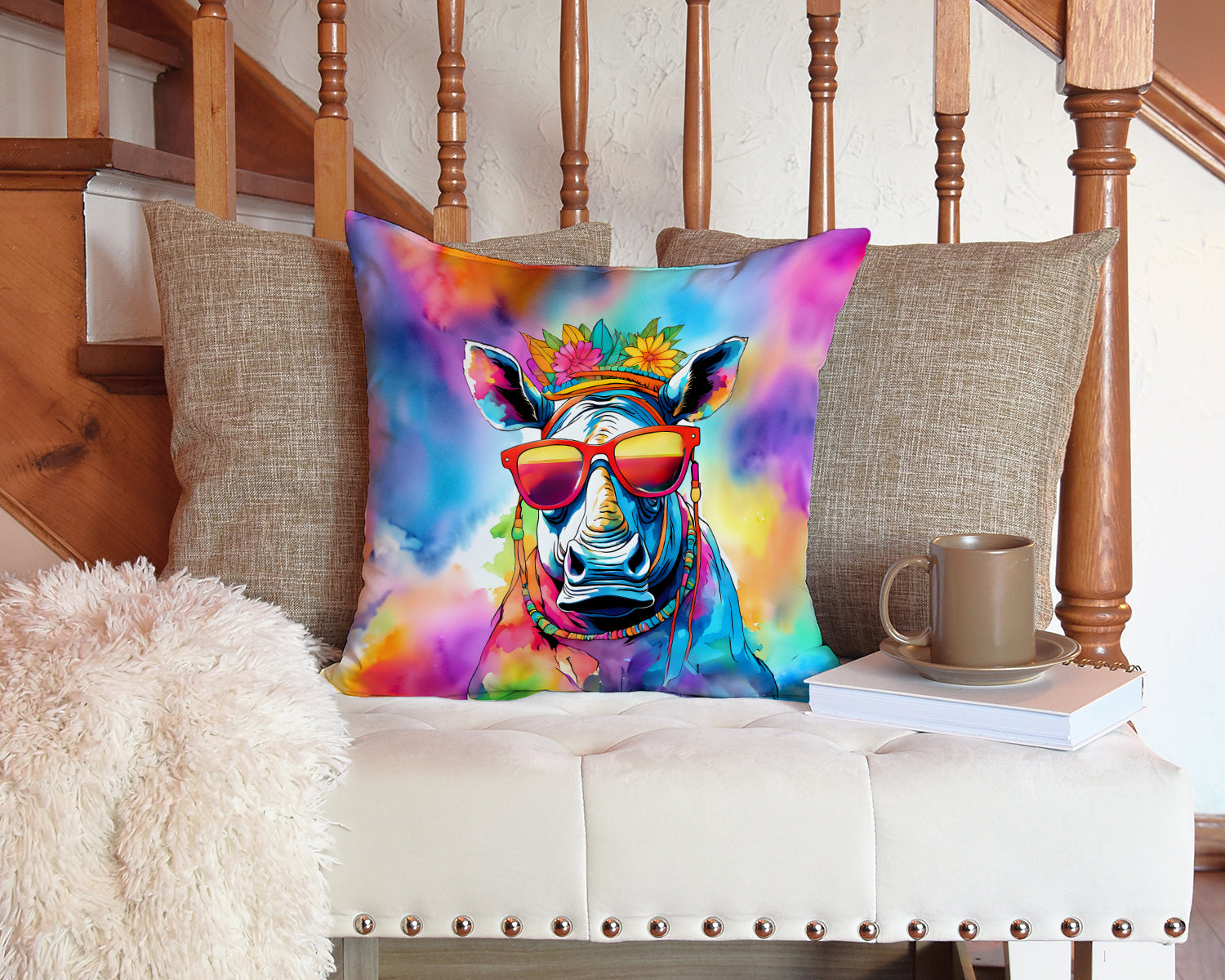 Hippie Animal Rhinoceros Decorative Throw Pillow 14x14 Indoor Outdoor Accent Cushion, Fabric Cover with Insert for Sofa, Bed, Porch & Living Room