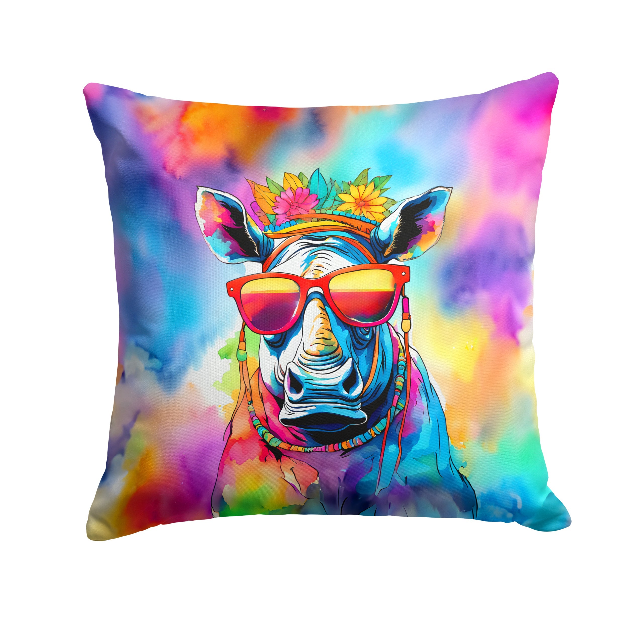 Hippie Animal Rhinoceros Decorative Throw Pillow 18x18 Indoor Outdoor Accent Cushion, Fabric Cover with Insert for Sofa, Bed, Porch & Living Room