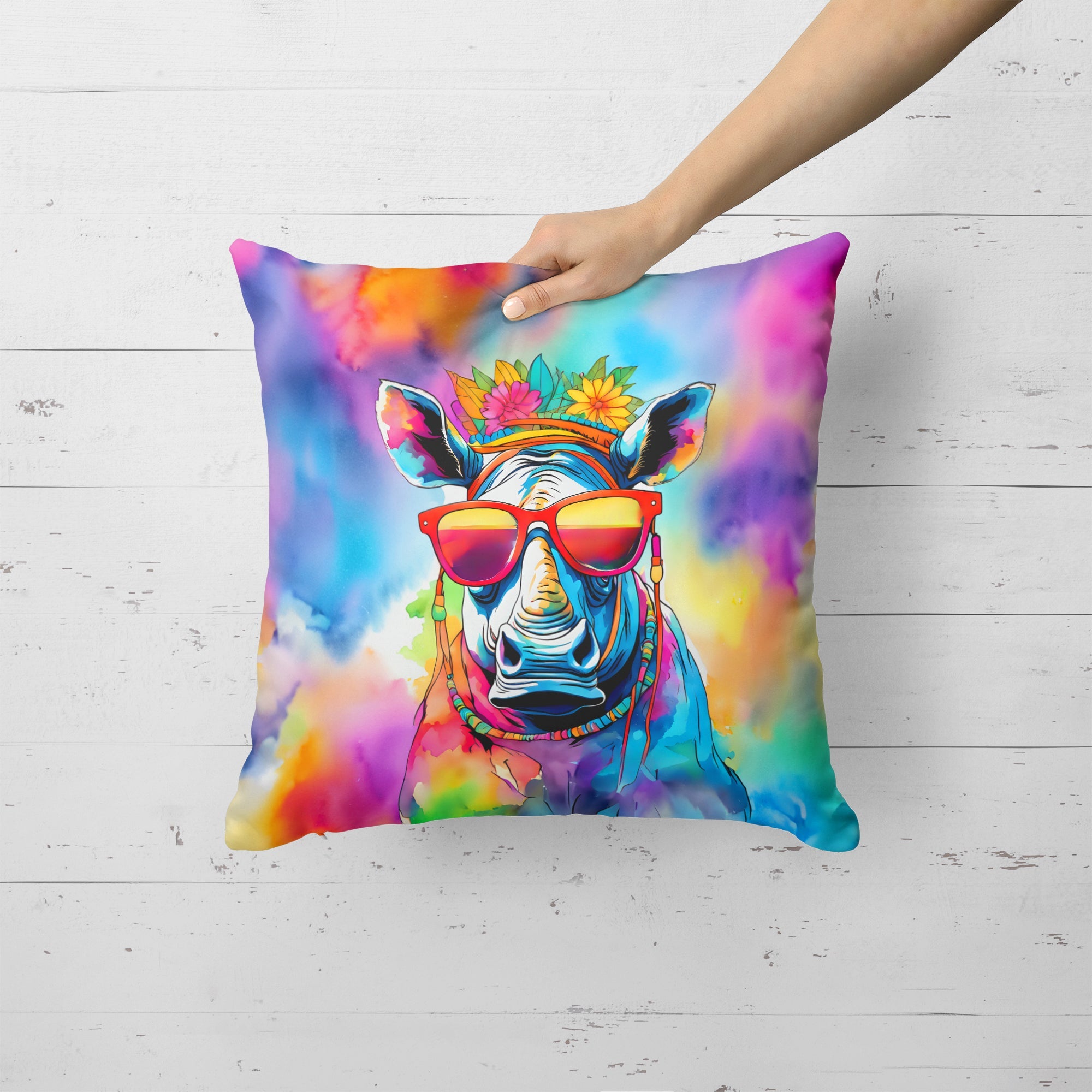 Hippie Animal Rhinoceros Decorative Throw Pillow 18x18 Indoor Outdoor Accent Cushion, Fabric Cover with Insert for Sofa, Bed, Porch & Living Room
