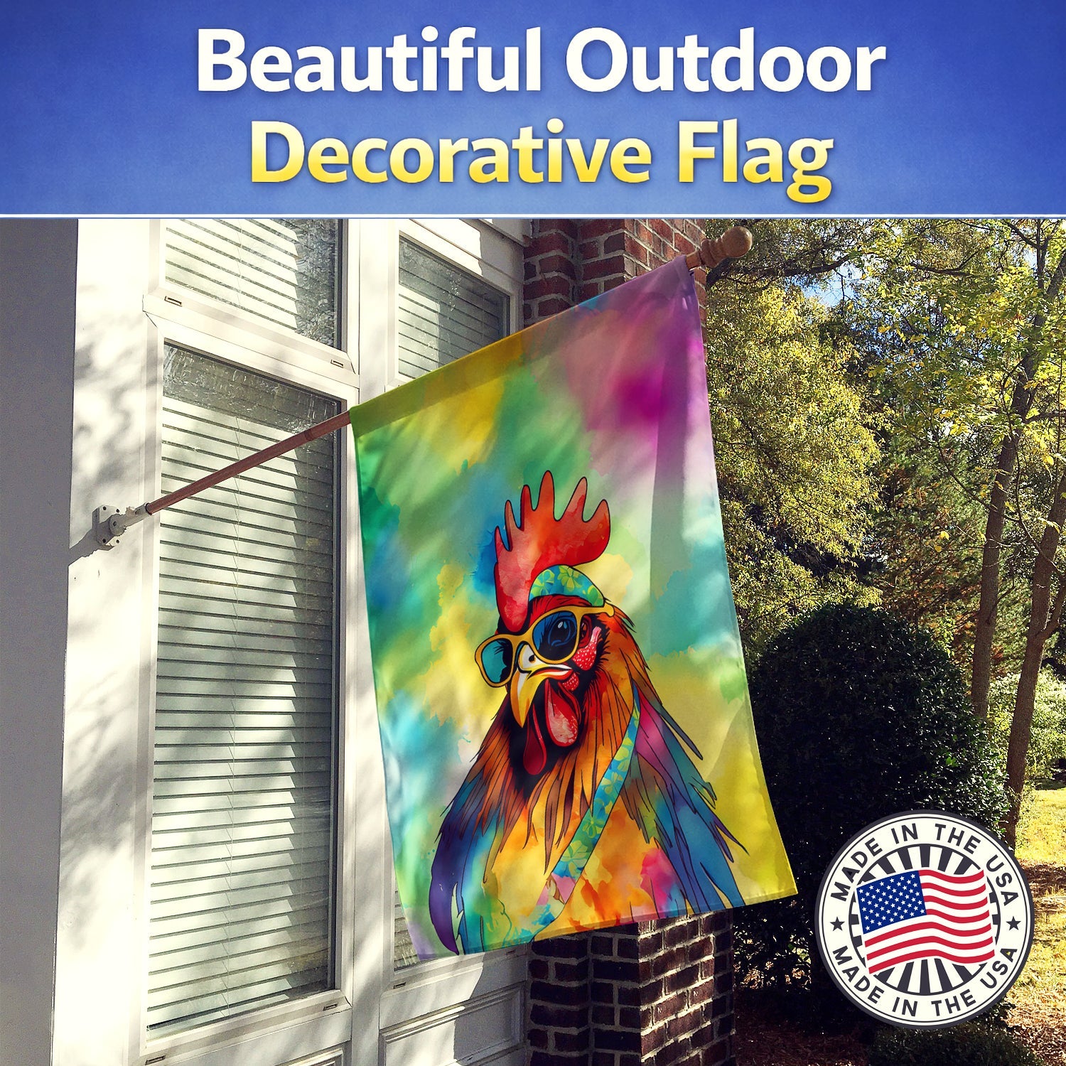 Hippie Animal Rooster House Flag 28x40 Porch Sleeve Pole Decorative Outside Yard Banner Artwork Wall Hanging, Polyester