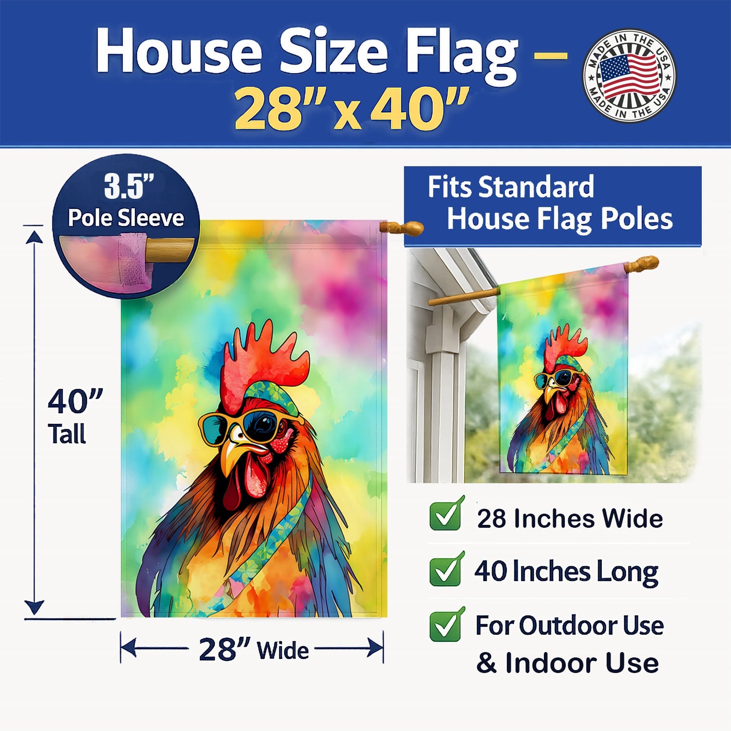 Hippie Animal Rooster House Flag 28x40 Porch Sleeve Pole Decorative Outside Yard Banner Artwork Wall Hanging, Polyester
