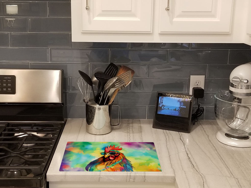 Hippie Animal Rooster Cutting Board Tempered Glass Kitchen Cutting Surface, Heat Resistant Chopping, Non-Slip Feet, Food Prep & Serving