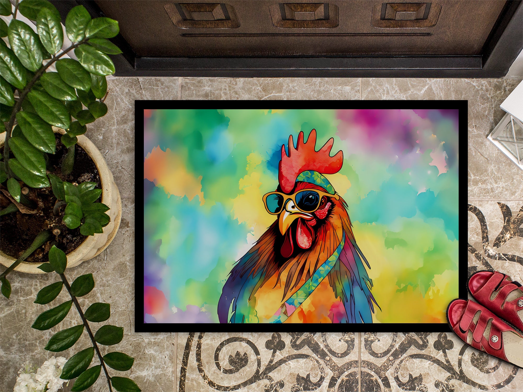 Hippie Animal Rooster Doormat Indoor Outdoor 18H X 27W Front Door Mat Rugs for Entryway, Non Slip Washable
