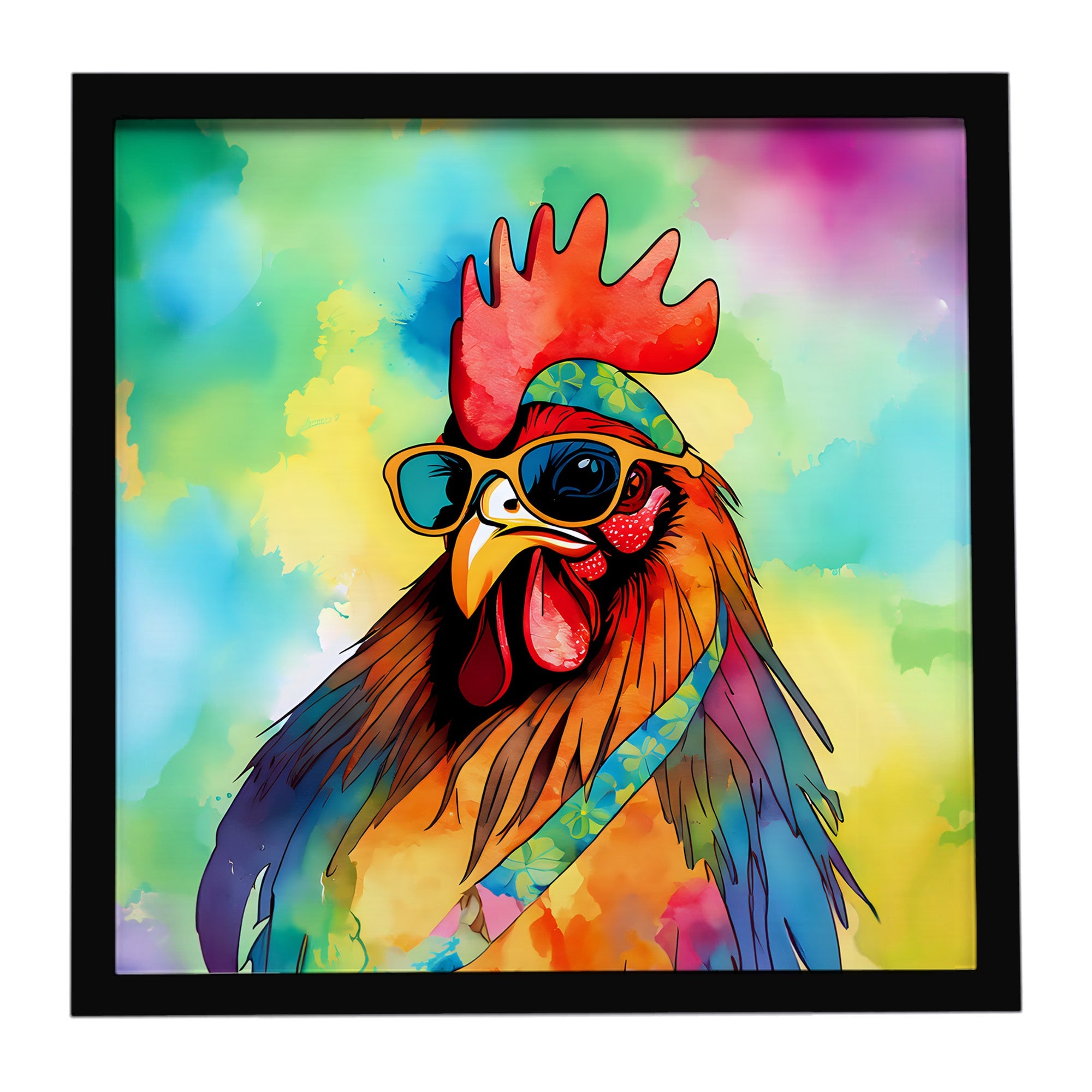 Hippie Animal Rooster Framed Metal Print Bathroom, Kitchen, Office, Home Decor Wall Art Ready to Hang, Square, 8X8