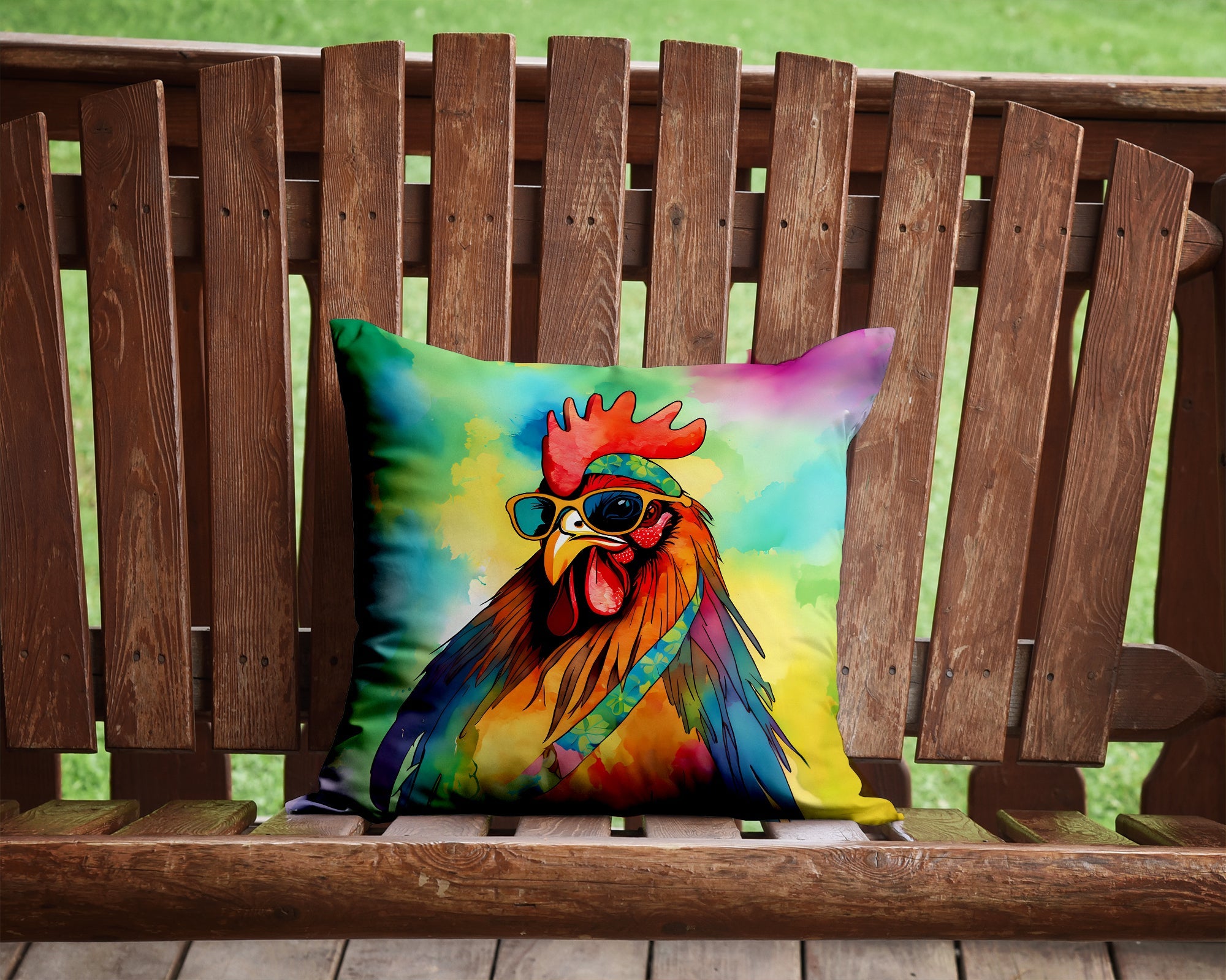 Hippie Animal Rooster Decorative Throw Pillow 14x14 Indoor Outdoor Accent Cushion, Fabric Cover with Insert for Sofa, Bed, Porch & Living Room