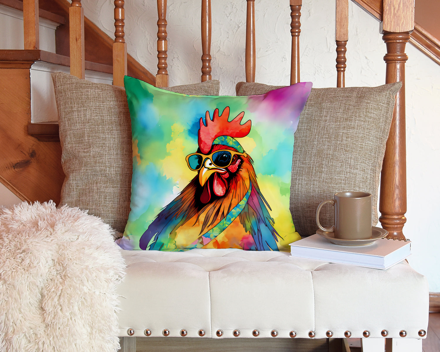 Hippie Animal Rooster Decorative Throw Pillow 14x14 Indoor Outdoor Accent Cushion, Fabric Cover with Insert for Sofa, Bed, Porch & Living Room