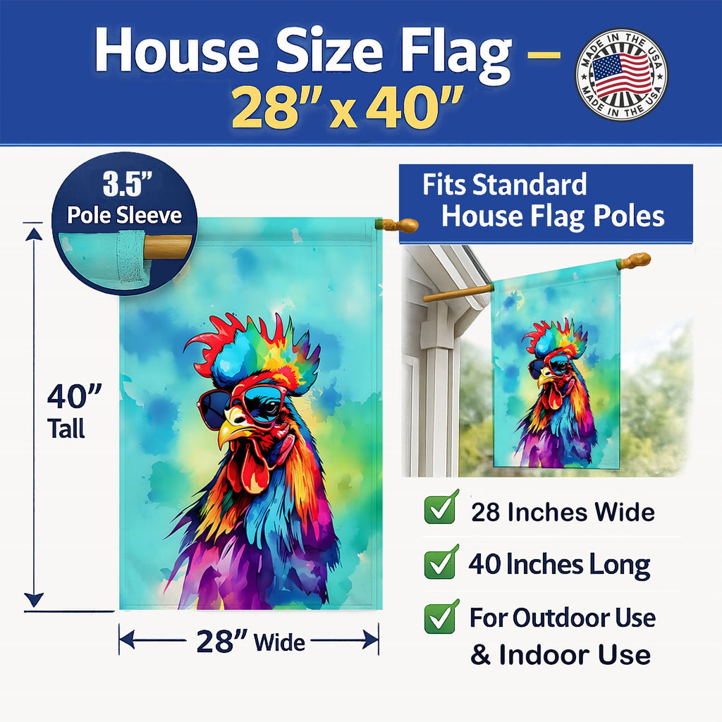 Hippie Animal Rooster House Flag 28x40 Porch Sleeve Pole Decorative Outside Yard Banner Artwork Wall Hanging, Polyester