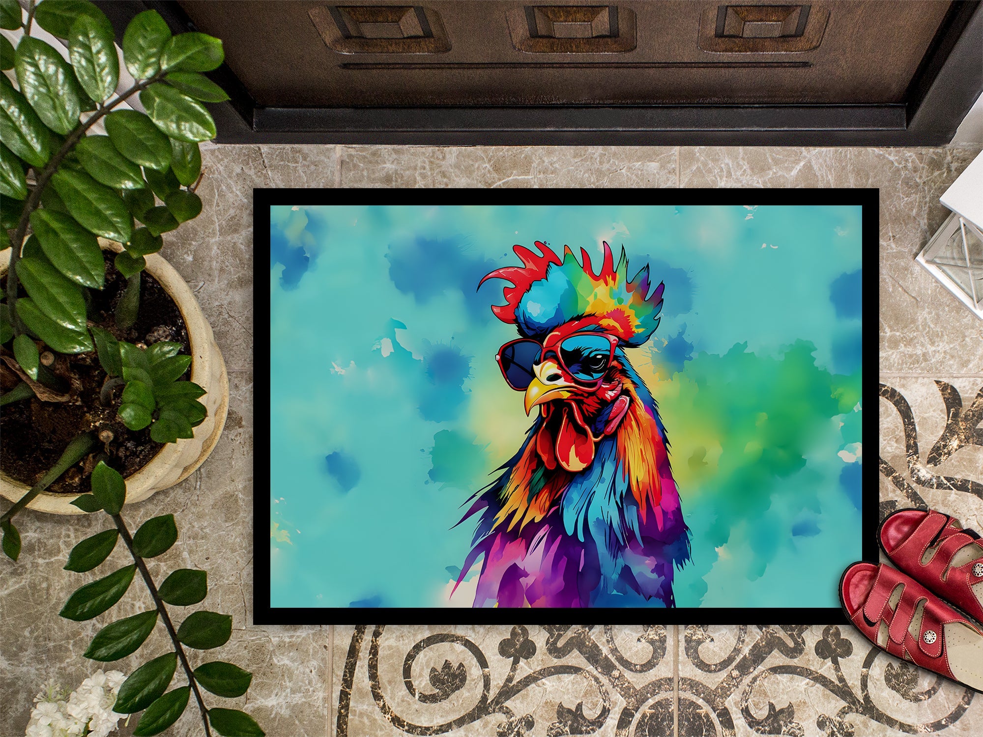 Hippie Animal Rooster Doormat Indoor Outdoor 24H X 36W Front Door Mat Rugs for Entryway, Non Slip Washable Low Pile,