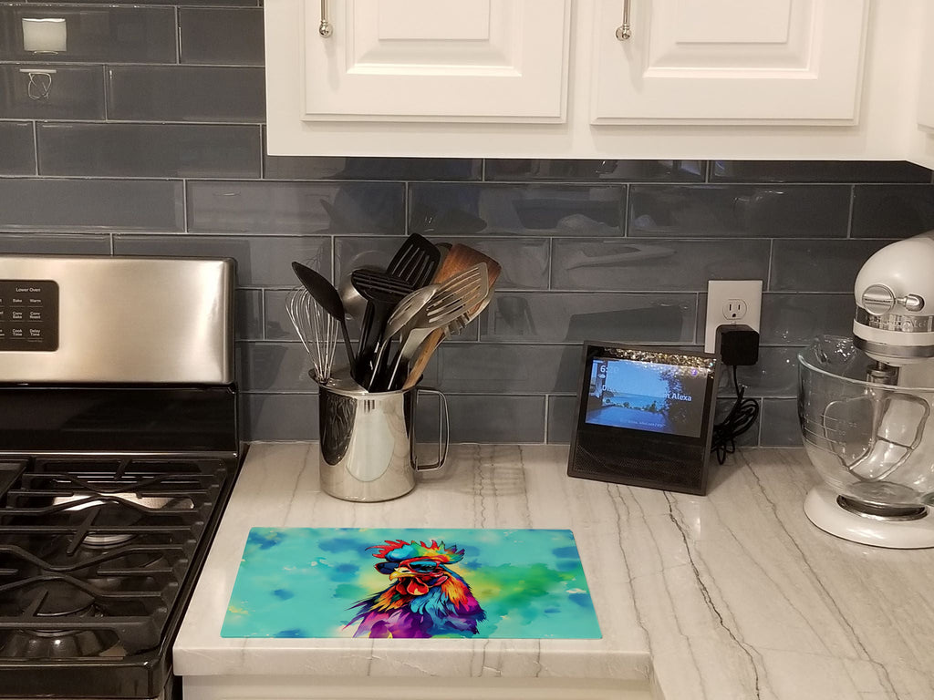 Hippie Animal Rooster Cutting Board Tempered Glass Kitchen Cutting Surface, Heat Resistant Chopping, Non-Slip Feet, Food Prep & Serving