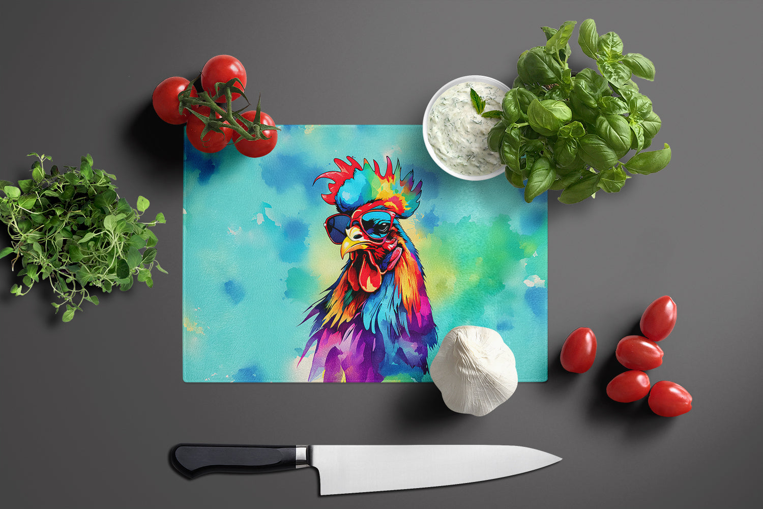 Hippie Animal Rooster Cutting Board Tempered Glass Kitchen Cutting Surface, Heat Resistant Chopping, Non-Slip Feet, Food Prep & Serving