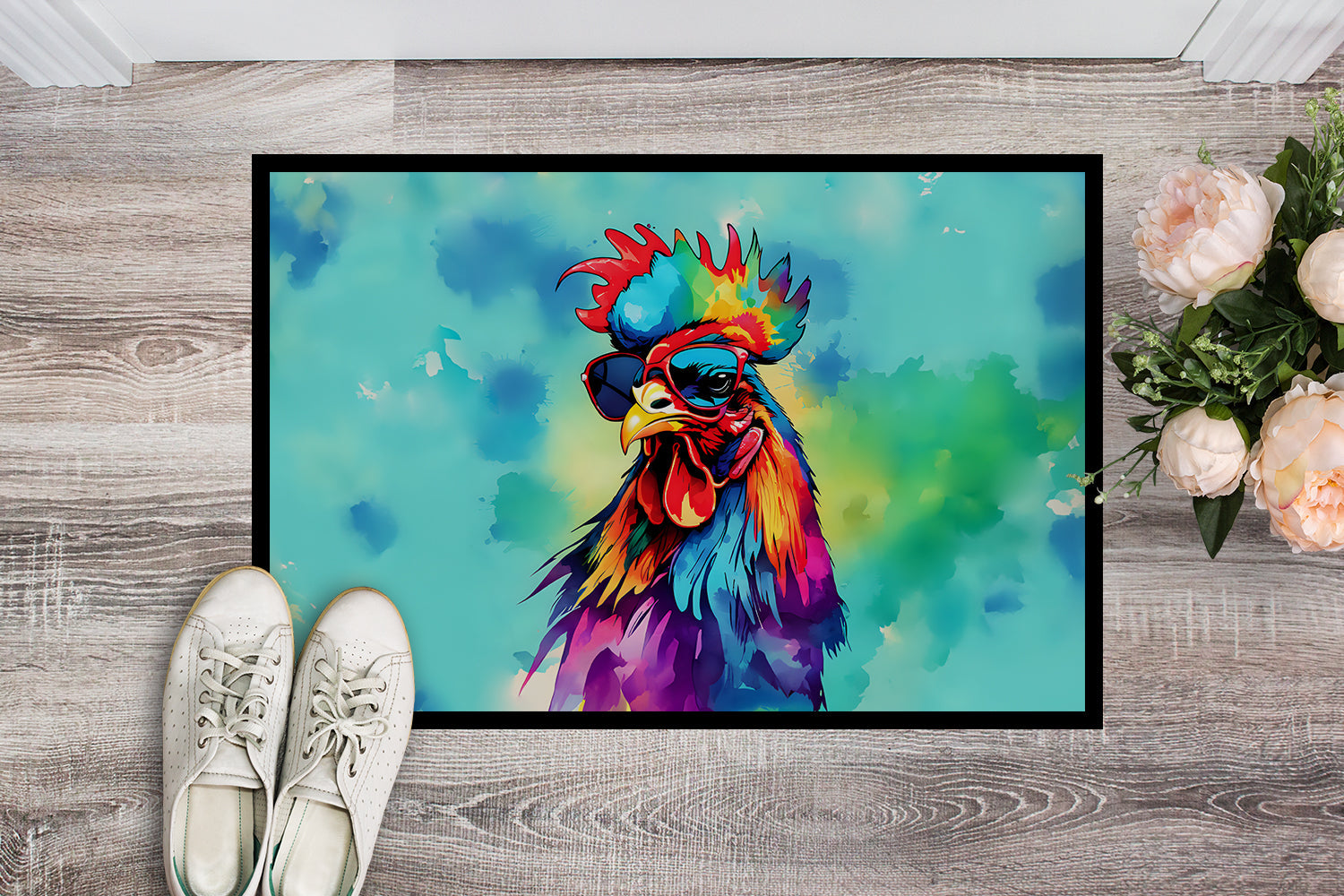 Hippie Animal Rooster Doormat Indoor Outdoor 18H X 27W Front Door Mat Rugs for Entryway, Non Slip Washable
