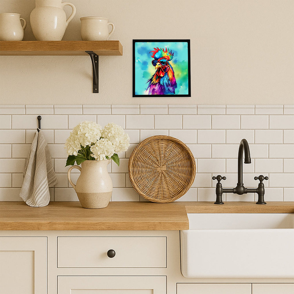 Hippie Animal Rooster Framed Metal Print Bathroom, Kitchen, Office, Home Decor Wall Art Ready to Hang, Square, 8X8