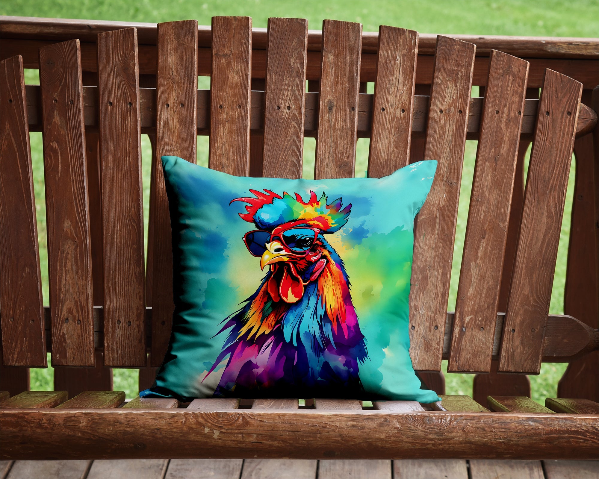 Hippie Animal Rooster Decorative Throw Pillow 14x14 Indoor Outdoor Accent Cushion, Fabric Cover with Insert for Sofa, Bed, Porch & Living Room