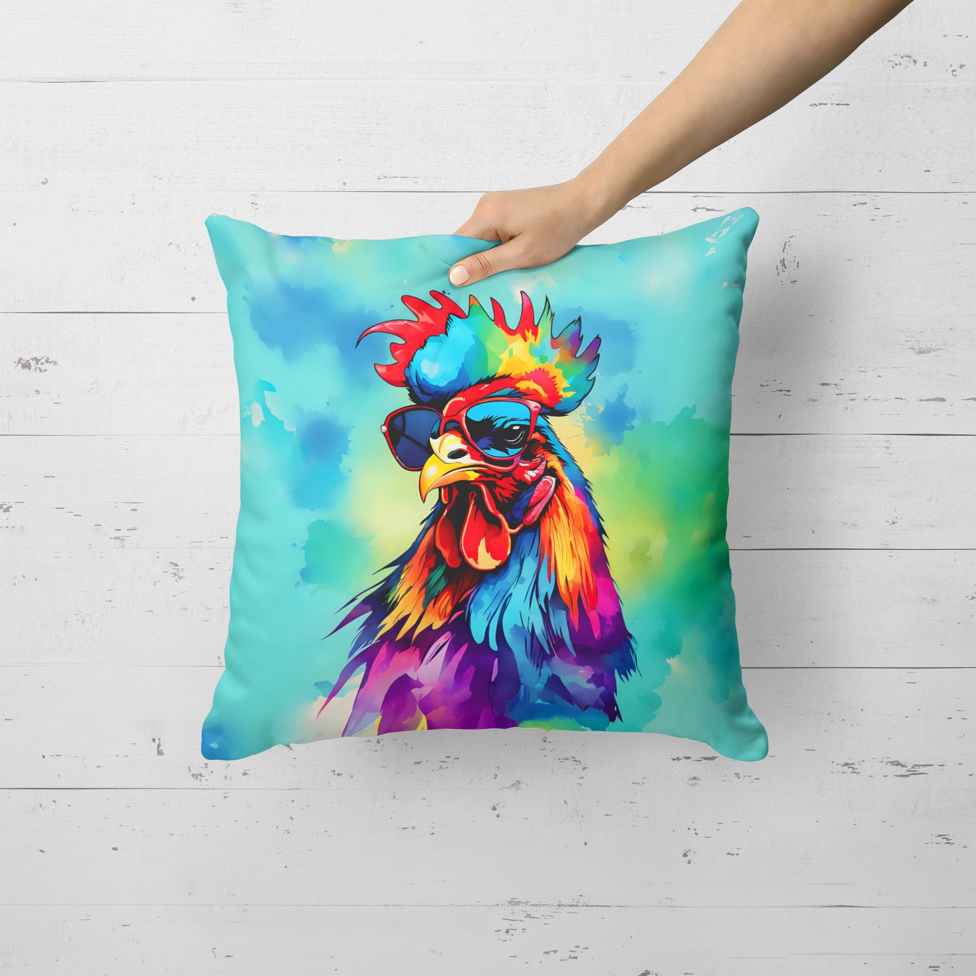 Hippie Animal Rooster Decorative Throw Pillow 18x18 Indoor Outdoor Accent Cushion, Fabric Cover with Insert for Sofa, Bed, Porch & Living Room