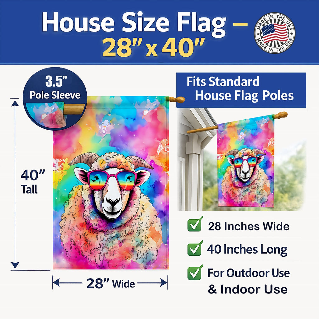 Hippie Animal Sheep House Flag 28x40 Porch Sleeve Pole Decorative Outside Yard Banner Artwork Wall Hanging, Polyester