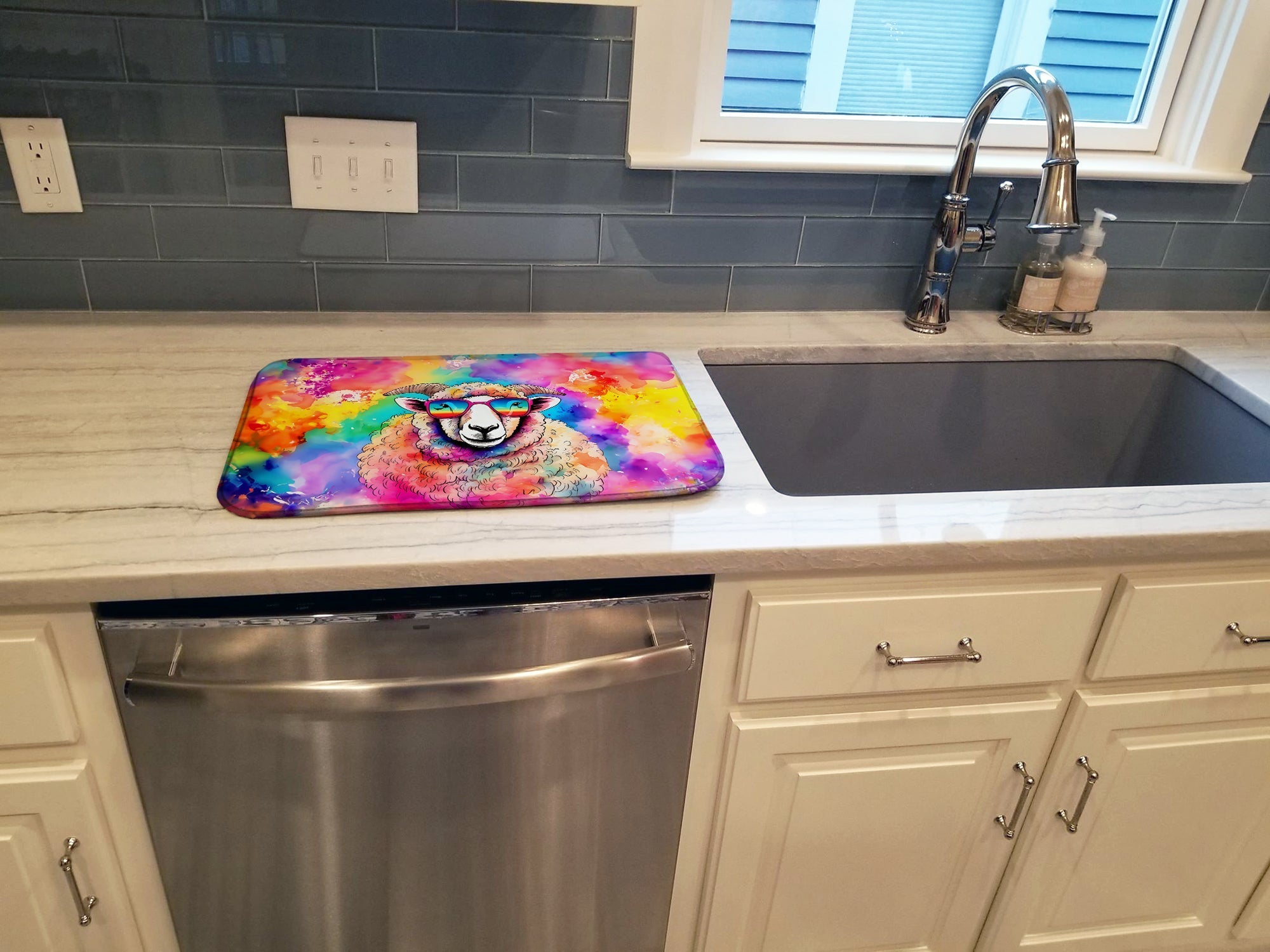 Hippie Animal Sheep Dish Drying Mat Absorbent Dish Drying Mat Pad for Kitchen Counter Dish Drainer Mat for Countertop, 14 x 21", Multicolor