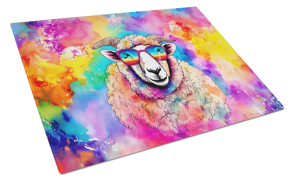 Hippie Animal Sheep Cutting Board Tempered Glass Kitchen Cutting Surface, Heat Resistant Chopping, Non-Slip Feet, Food Prep & Serving