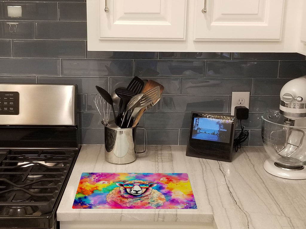 Hippie Animal Sheep Cutting Board Tempered Glass Kitchen Cutting Surface, Heat Resistant Chopping, Non-Slip Feet, Food Prep & Serving