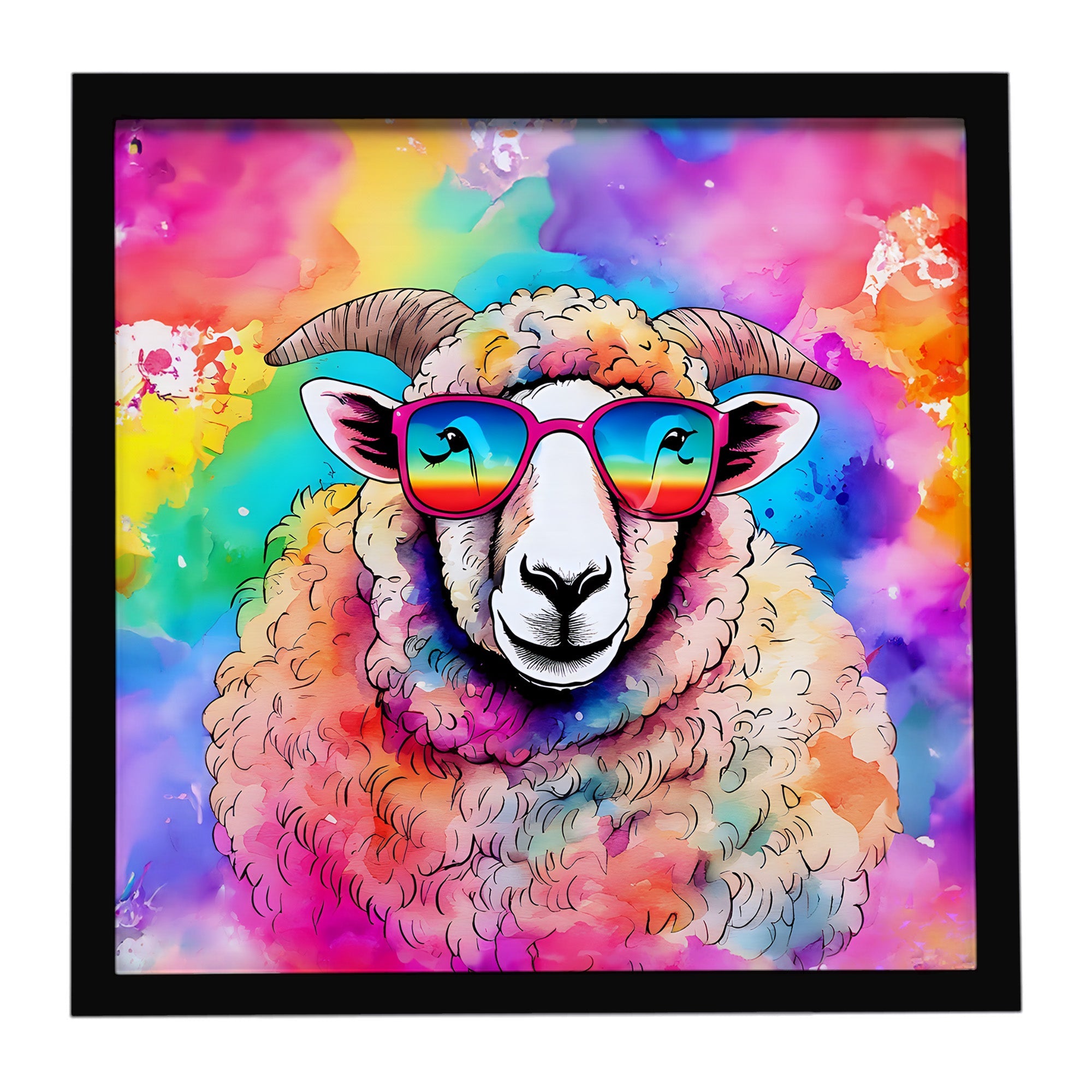 Hippie Animal Sheep Framed Metal Print Bathroom, Kitchen, Office, Home Decor Wall Art Ready to Hang, Square, 8X8