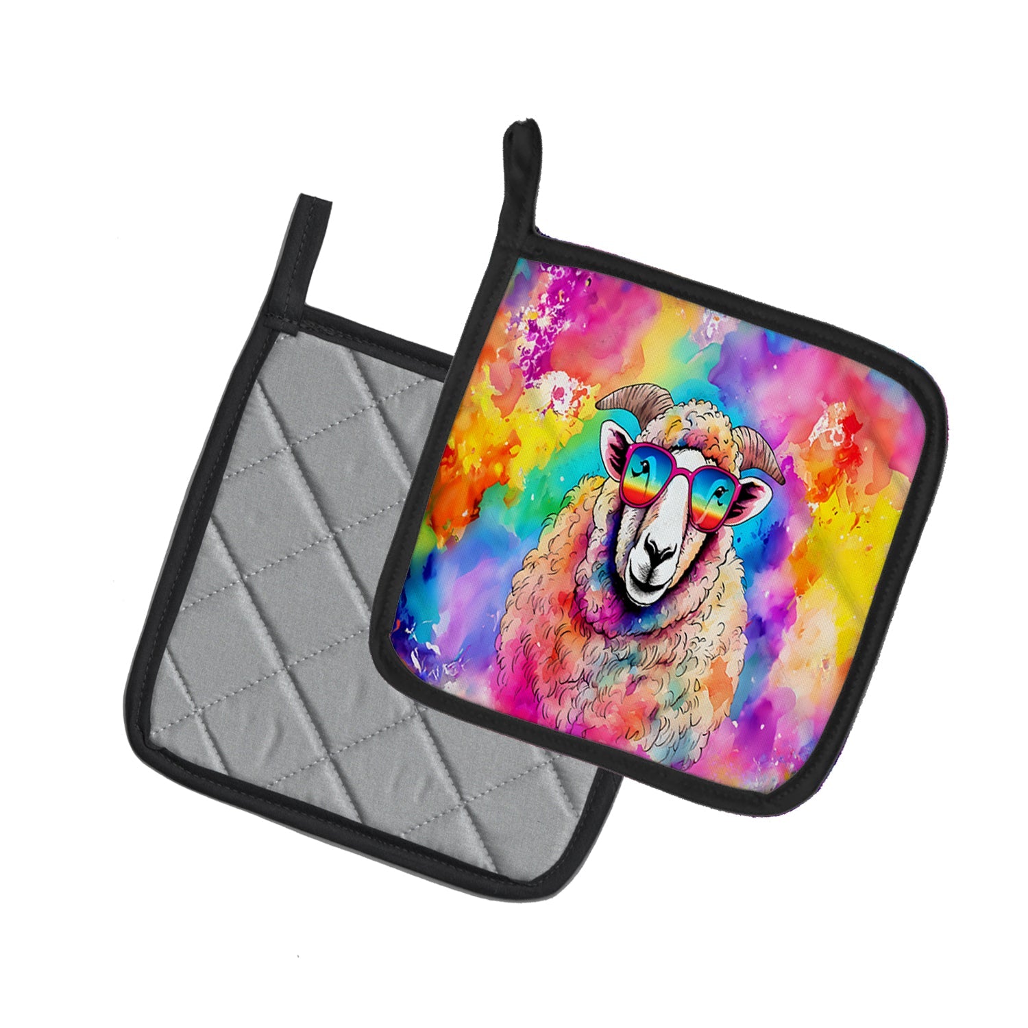 Hippie Animal Sheep Pot Holder Set of 2 Heat Resistant Quilted Hot Pads 7.5 x 7.5 Inch, Insulated Kitchen Trivets for Cooking & Baking